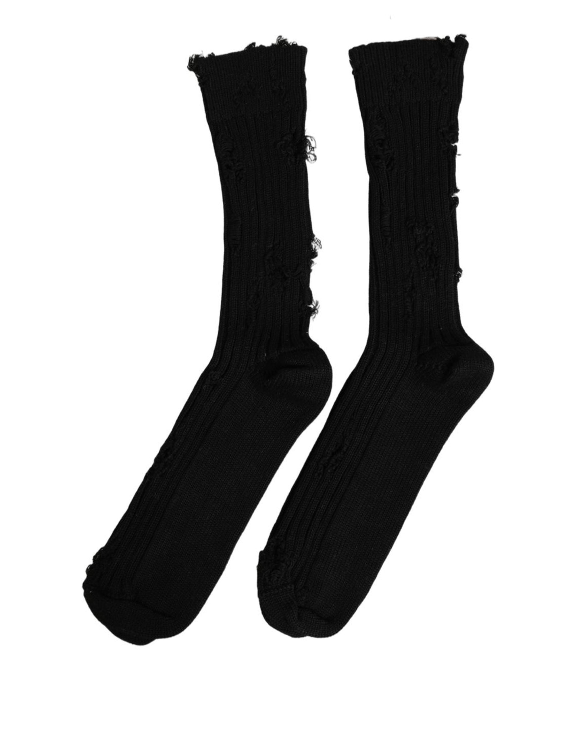Dolce & Gabbana Black Cotton Distressed Mid Calf Accessory Men's Socks