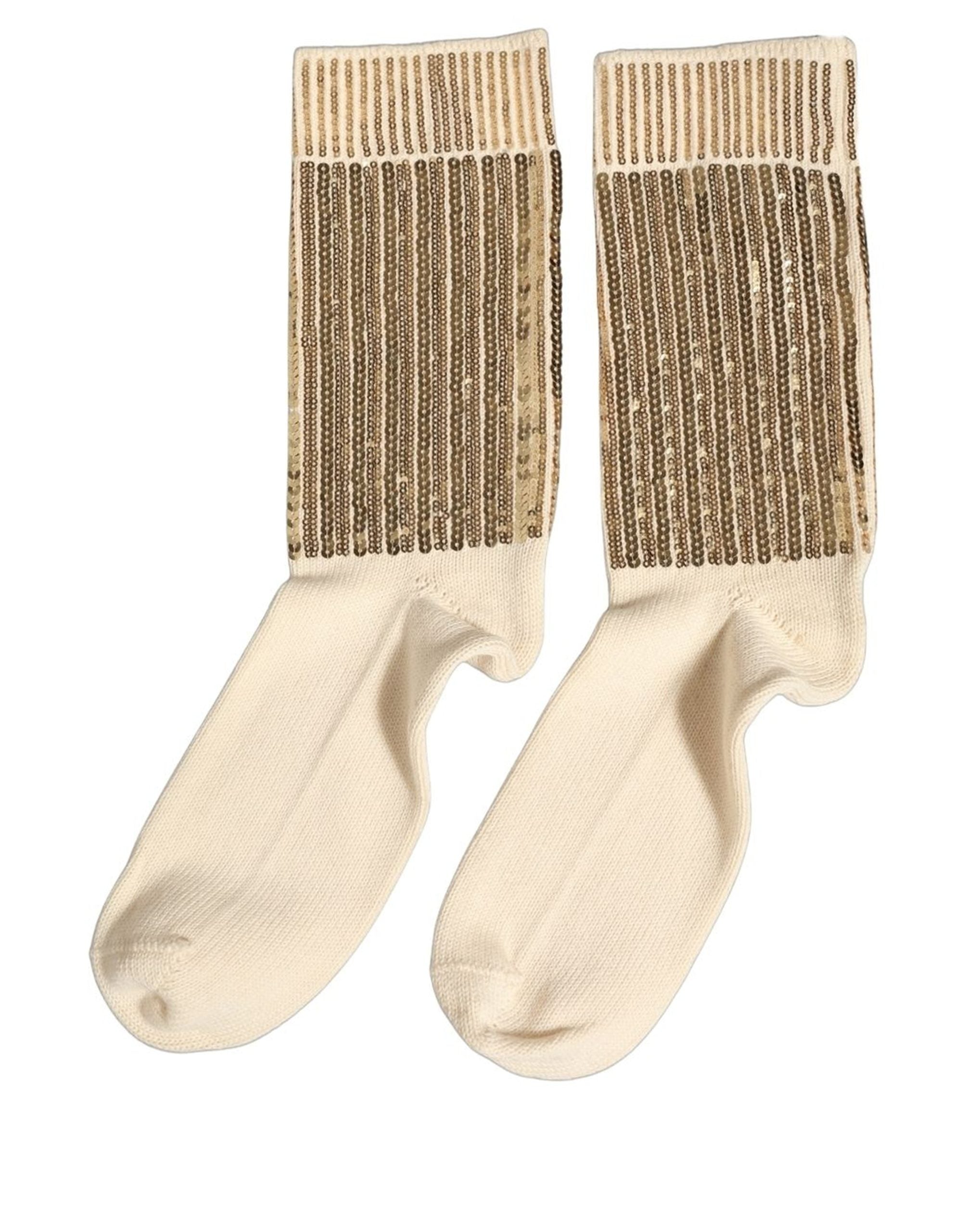 Dolce & Gabbana Off White Sequin Cotton Mid Calf Accessory Men's Socks