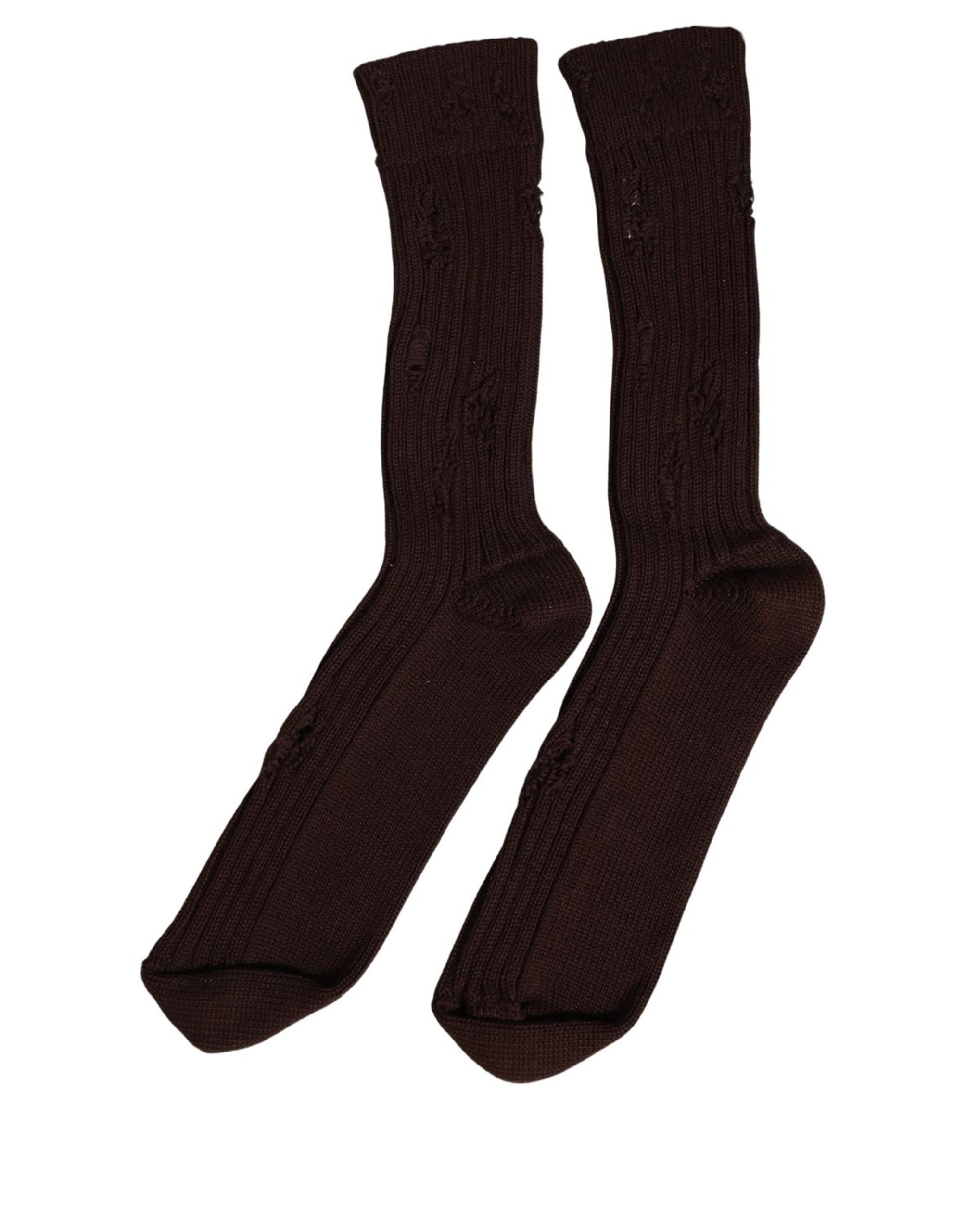 Dolce & Gabbana Dark Brown Cotton Distressed Mid Calf Accessory Men's Socks