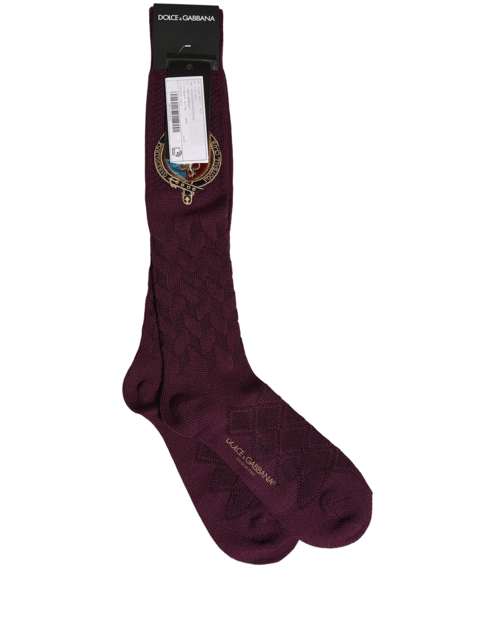 Dolce & Gabbana Burgundy Wool Crest Logo Knee High Accessory Men's Socks