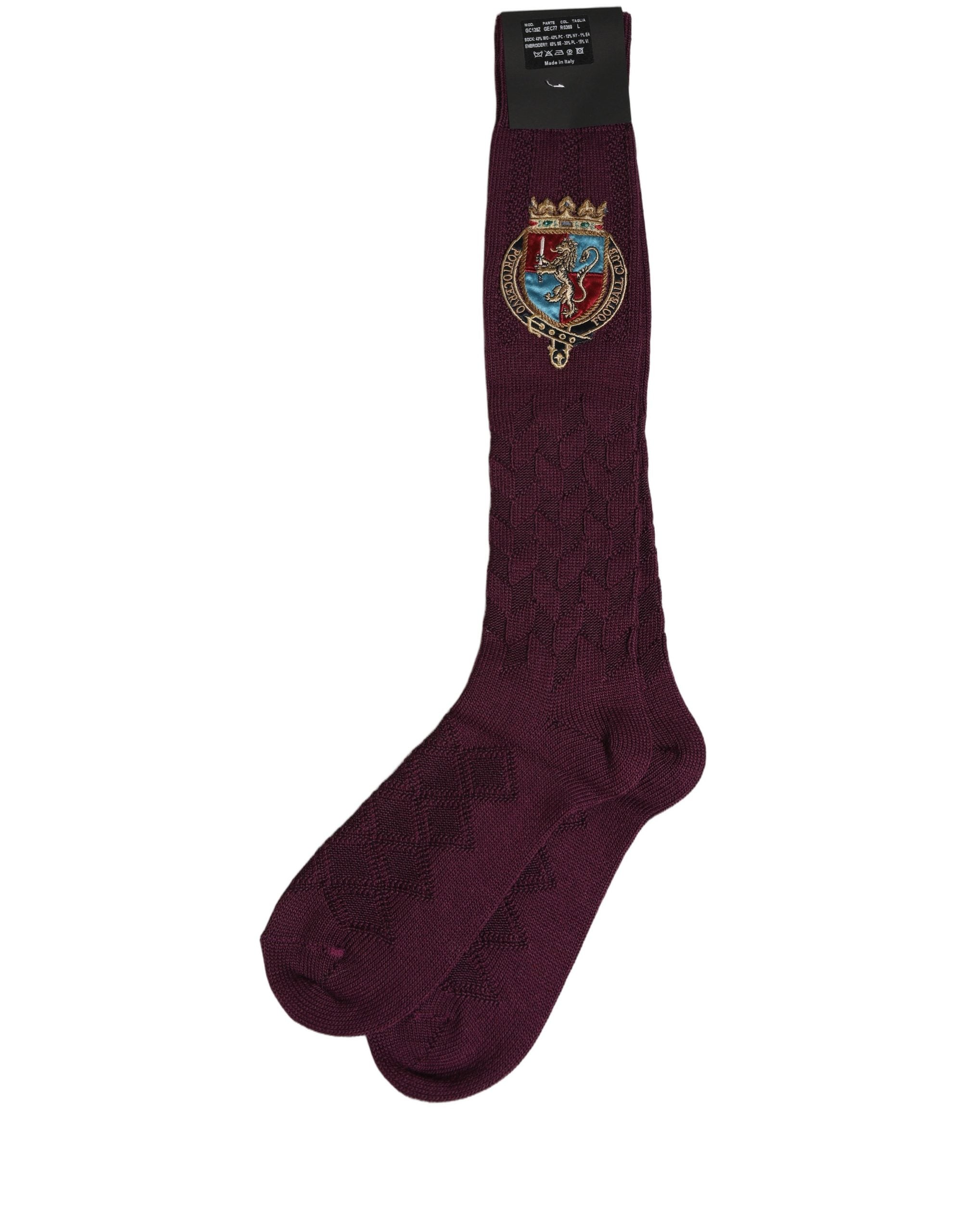 Dolce & Gabbana Burgundy Wool Crest Logo Knee High Accessory Men's Socks