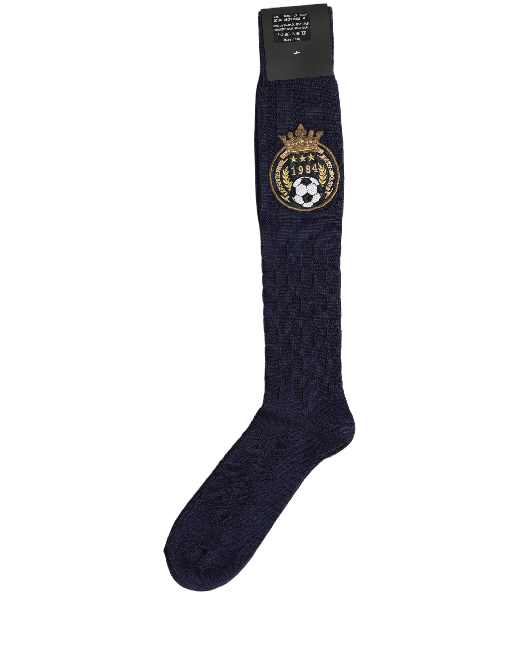 Dolce & Gabbana Navy Blue Wool Crest Logo Knee High Accessory Men's Socks (Pre-Owned)