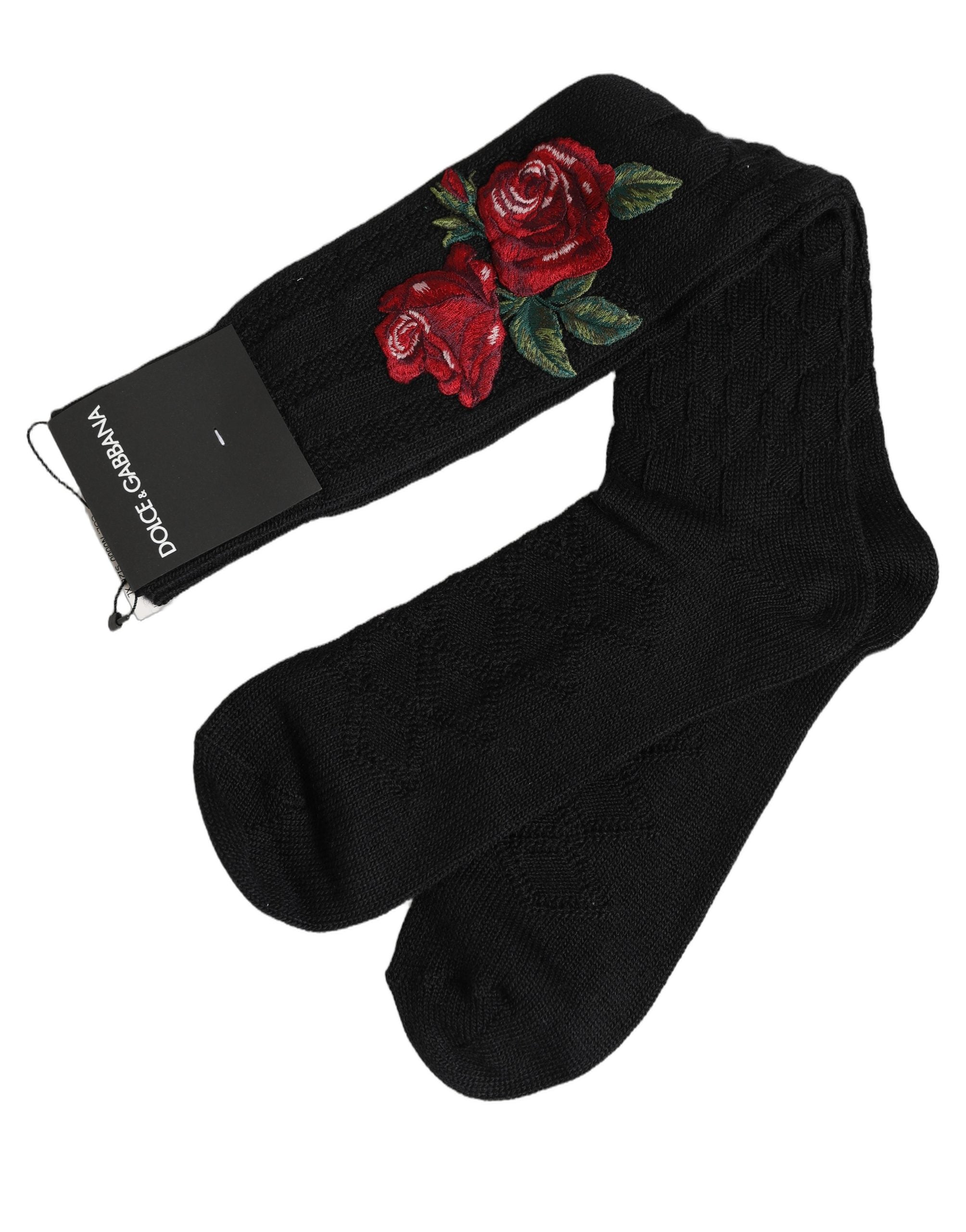 Dolce & Gabbana Black Wool Floral Over The Calf Accessory Women's Socks