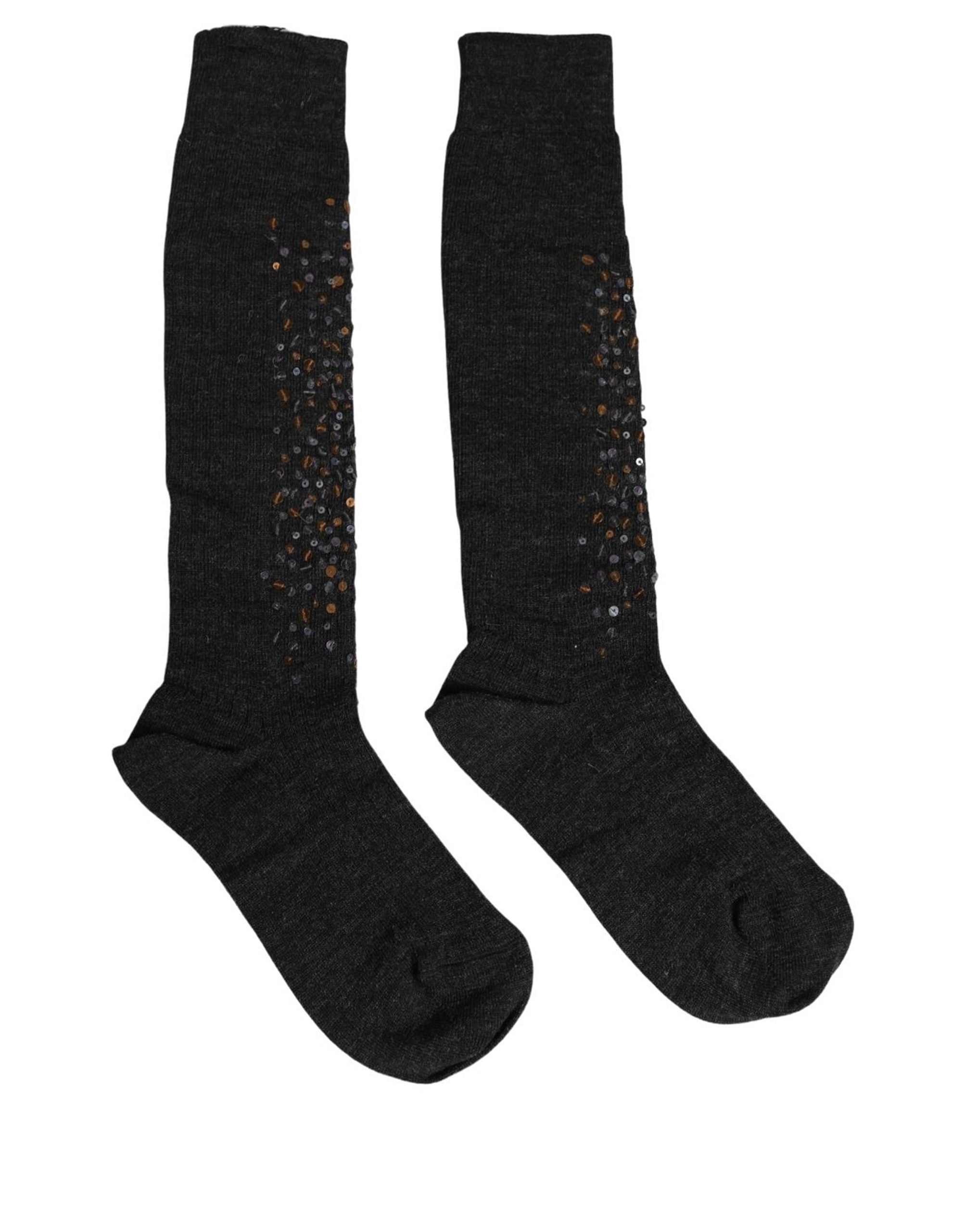 Dolce & Gabbana Dark Gray Sequined Wool Knee High Accessory Women's Socks