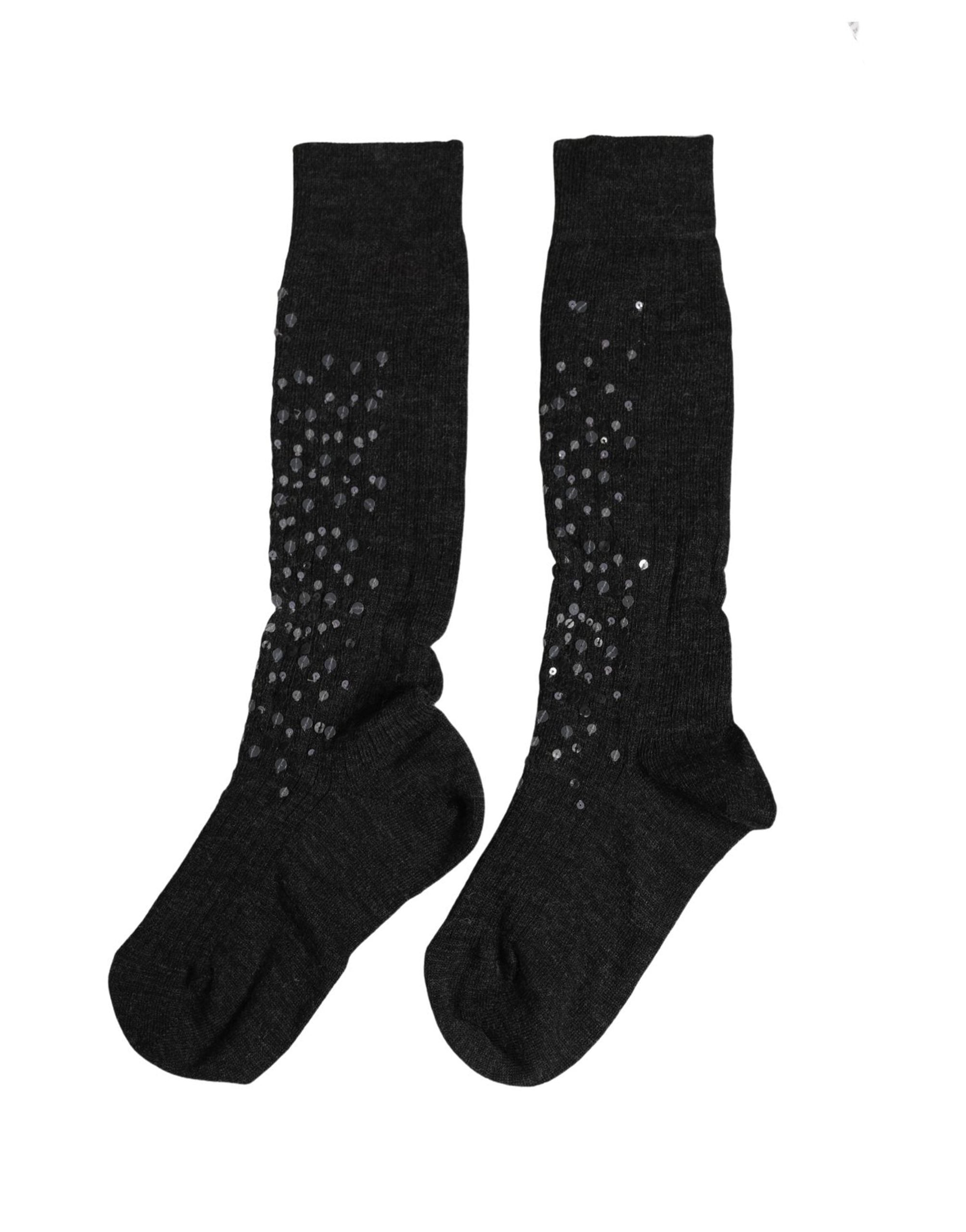Dolce & Gabbana Dark Gray Sequined Wool Knee High Accessory Women's Socks