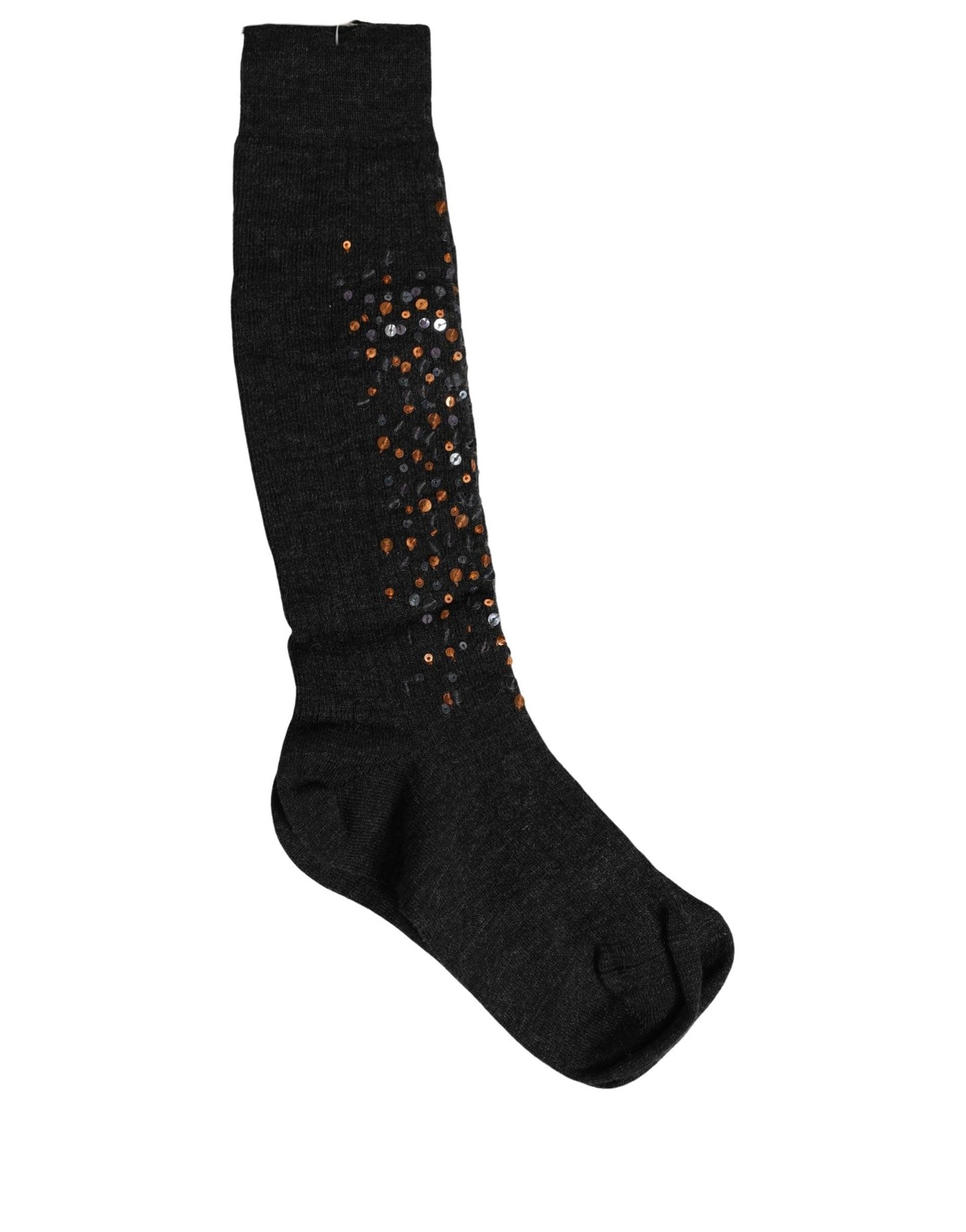 Dolce & Gabbana Dark Gray Sequined Wool Knee High Accessory Women's Socks