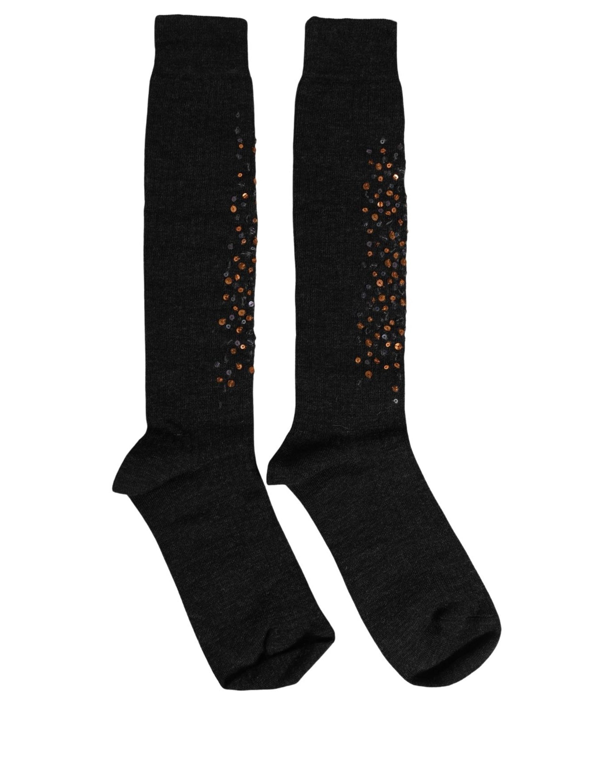Dolce & Gabbana Dark Gray Sequined Wool Knee High Accessory Women's Socks