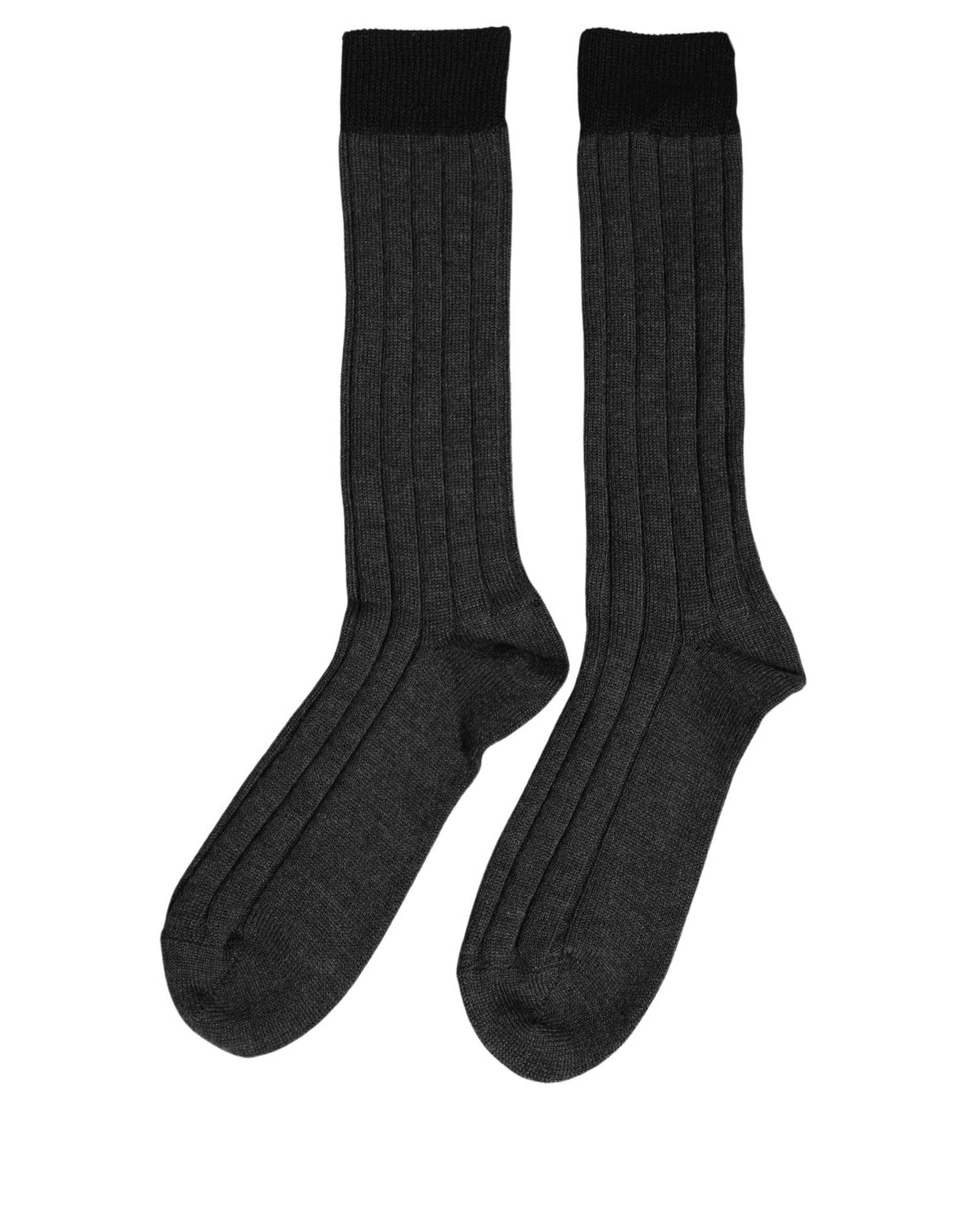 Dolce & Gabbana Dark Gray Wool Logo Calf Long Ribbed Accessory Women's Socks