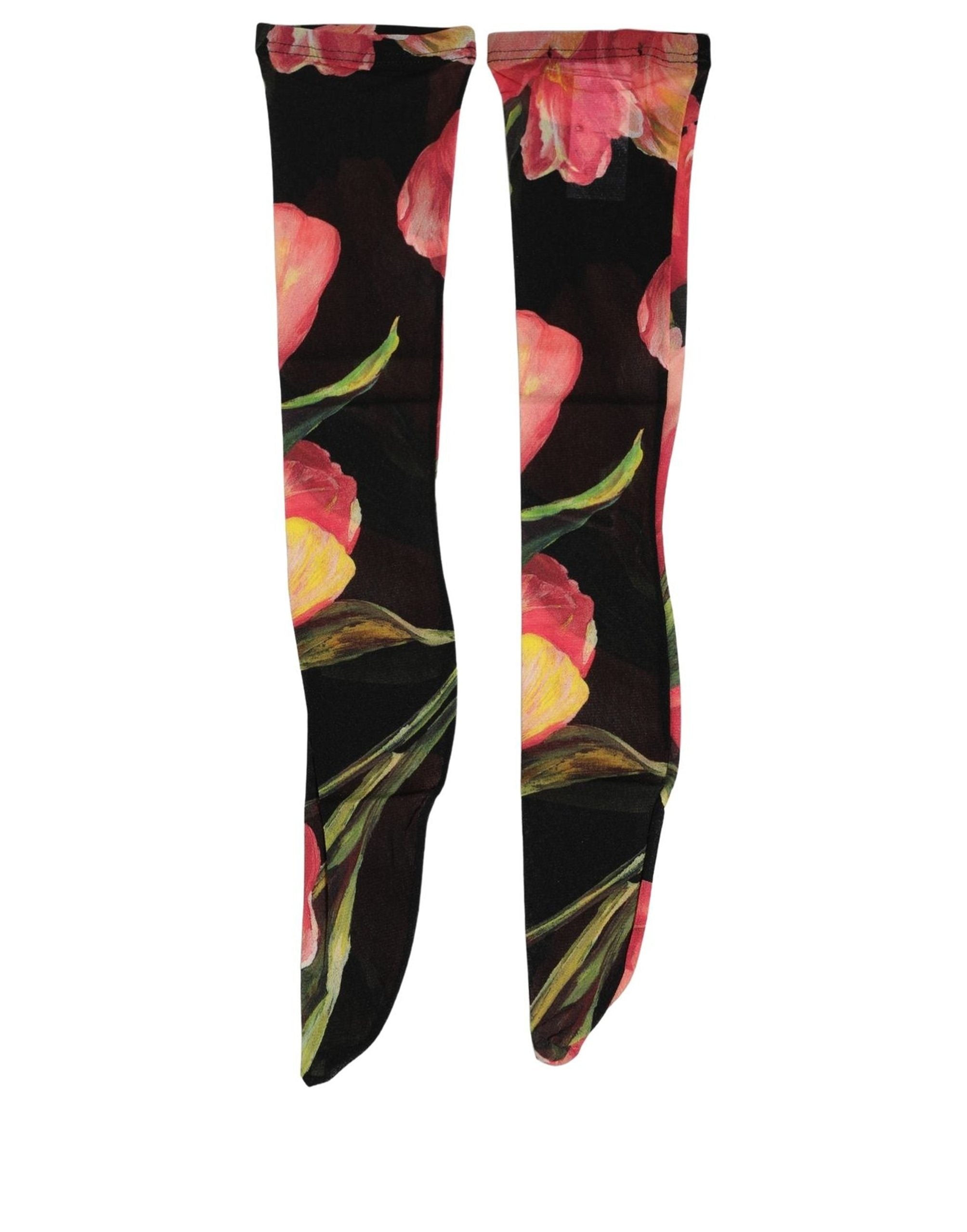 Dolce & Gabbana Black Pink Floral Tulip Nylon Stockings Women's Socks