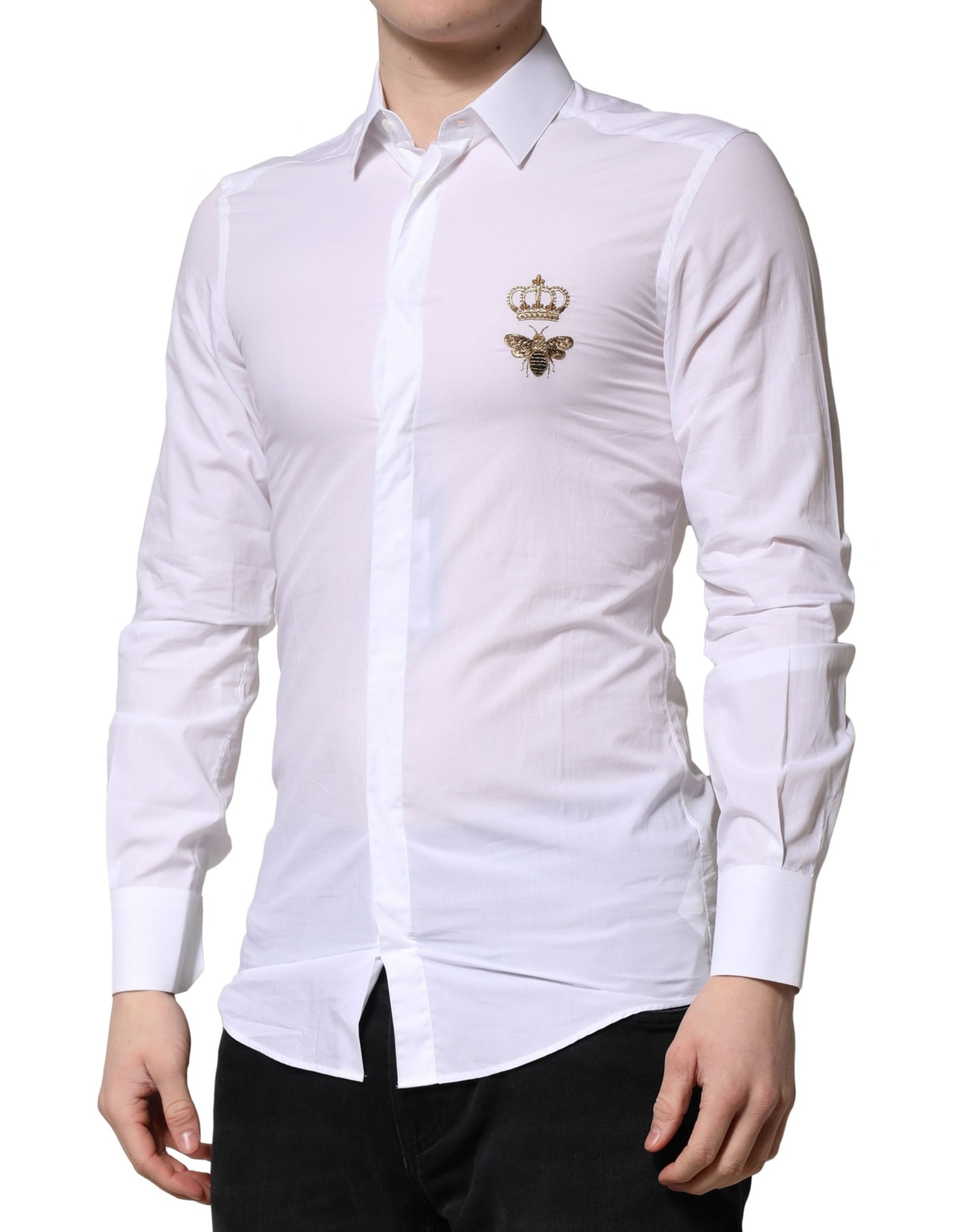 Dolce & Gabbana White GOLD Crown Bee Cotton Formal Dress Men's Shirt (Pre-Owned)