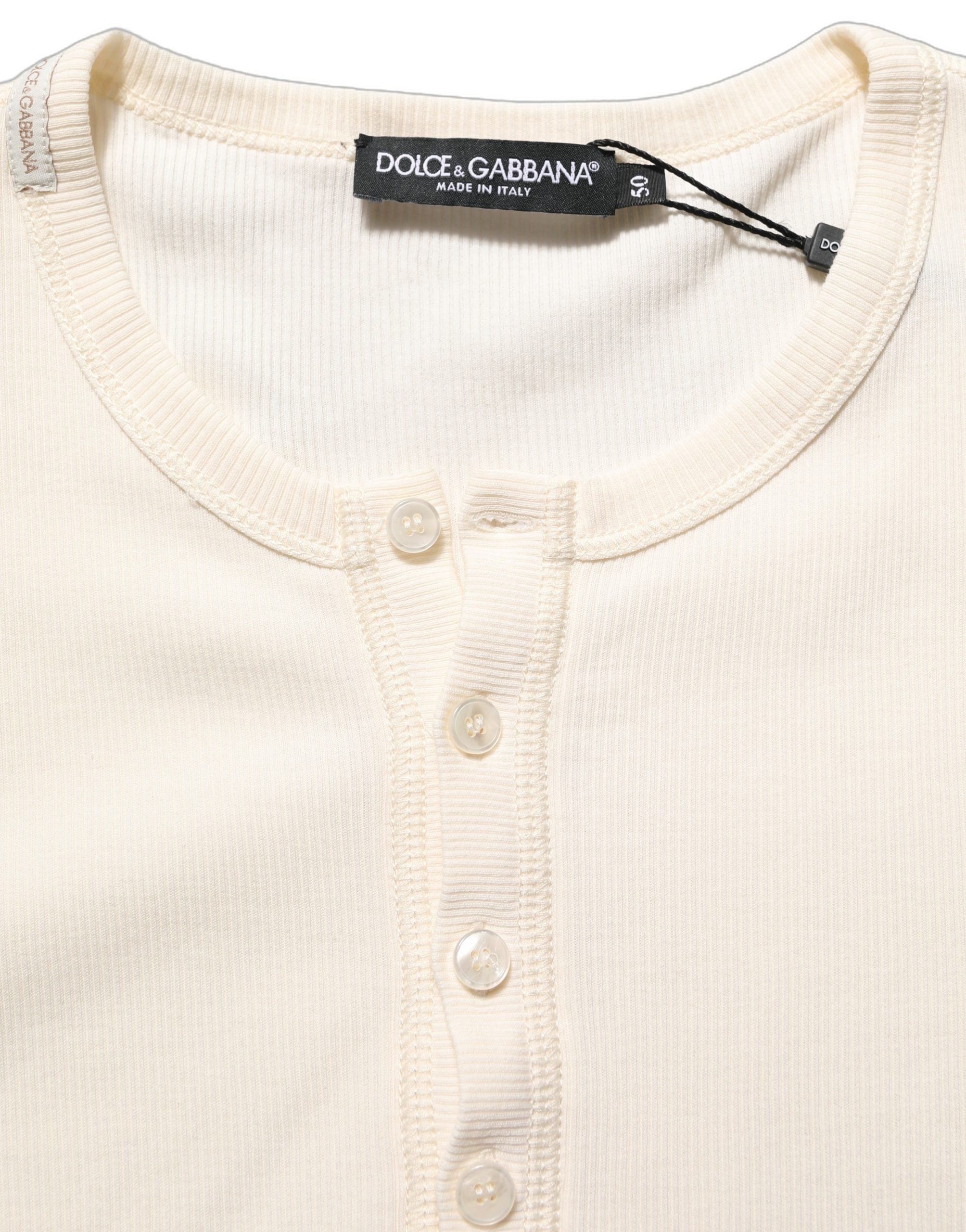 Dolce & Gabbana Off White Cotton Henley Long Sleeves Men's T-shirt
