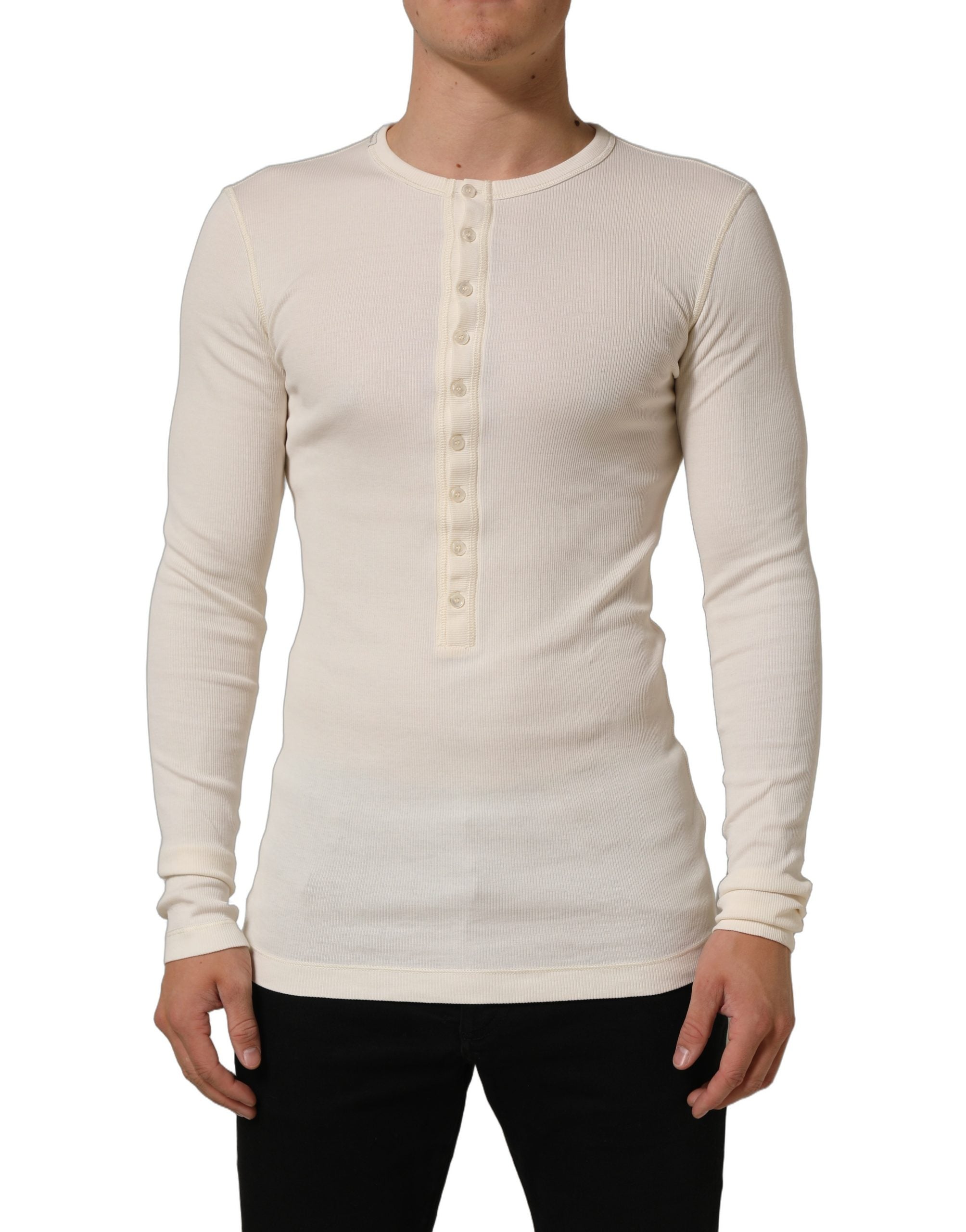 Dolce & Gabbana Off White Cotton Henley Long Sleeves Men's T-shirt