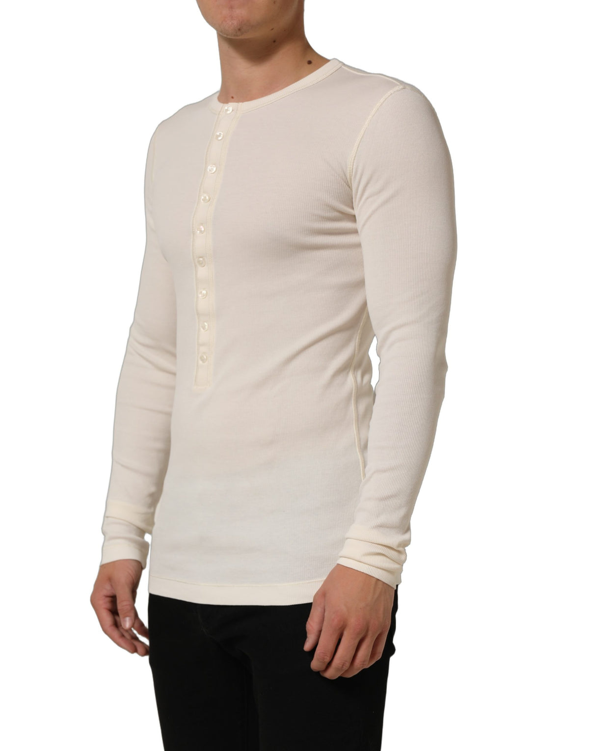 Dolce & Gabbana Off White Cotton Henley Long Sleeves Men's T-shirt