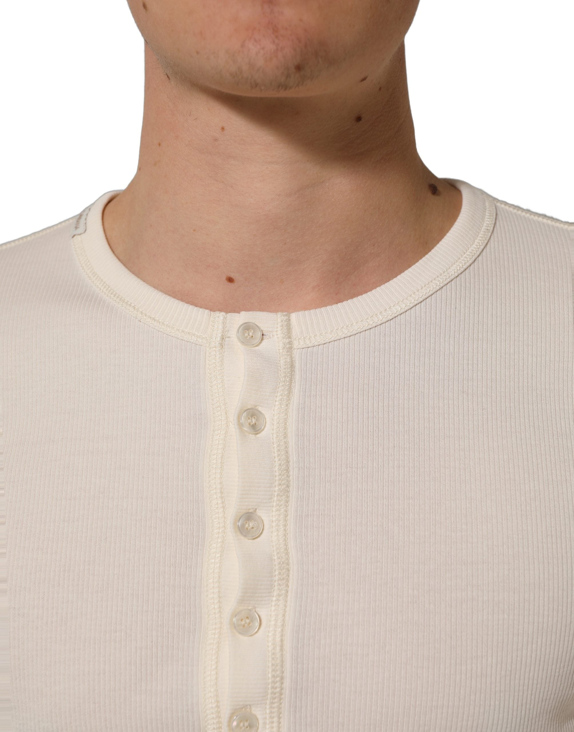 Dolce & Gabbana Off White Cotton Henley Long Sleeves Men's T-shirt