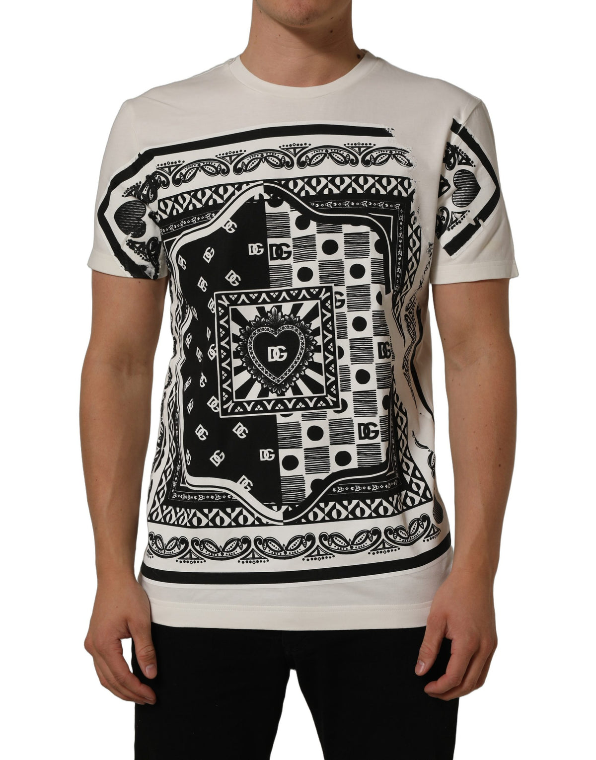 Dolce & Gabbana White Bandana Print Cotton Crew Neck Men's T-shirt (Pre-Owned)