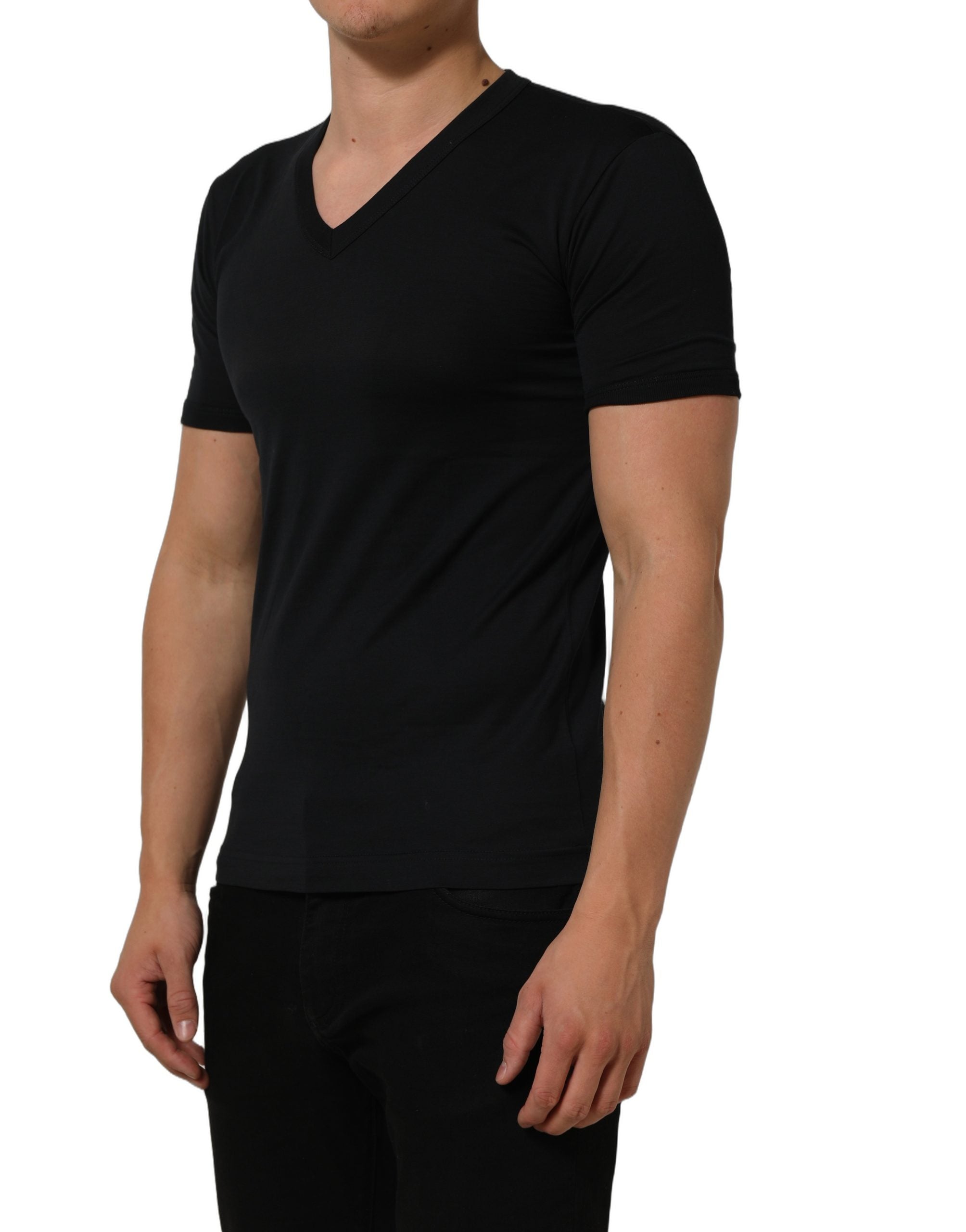 Dolce & Gabbana Dark Blue Cotton V-Neck Short Sleeve Men's T-shirt (Pre-Owned)