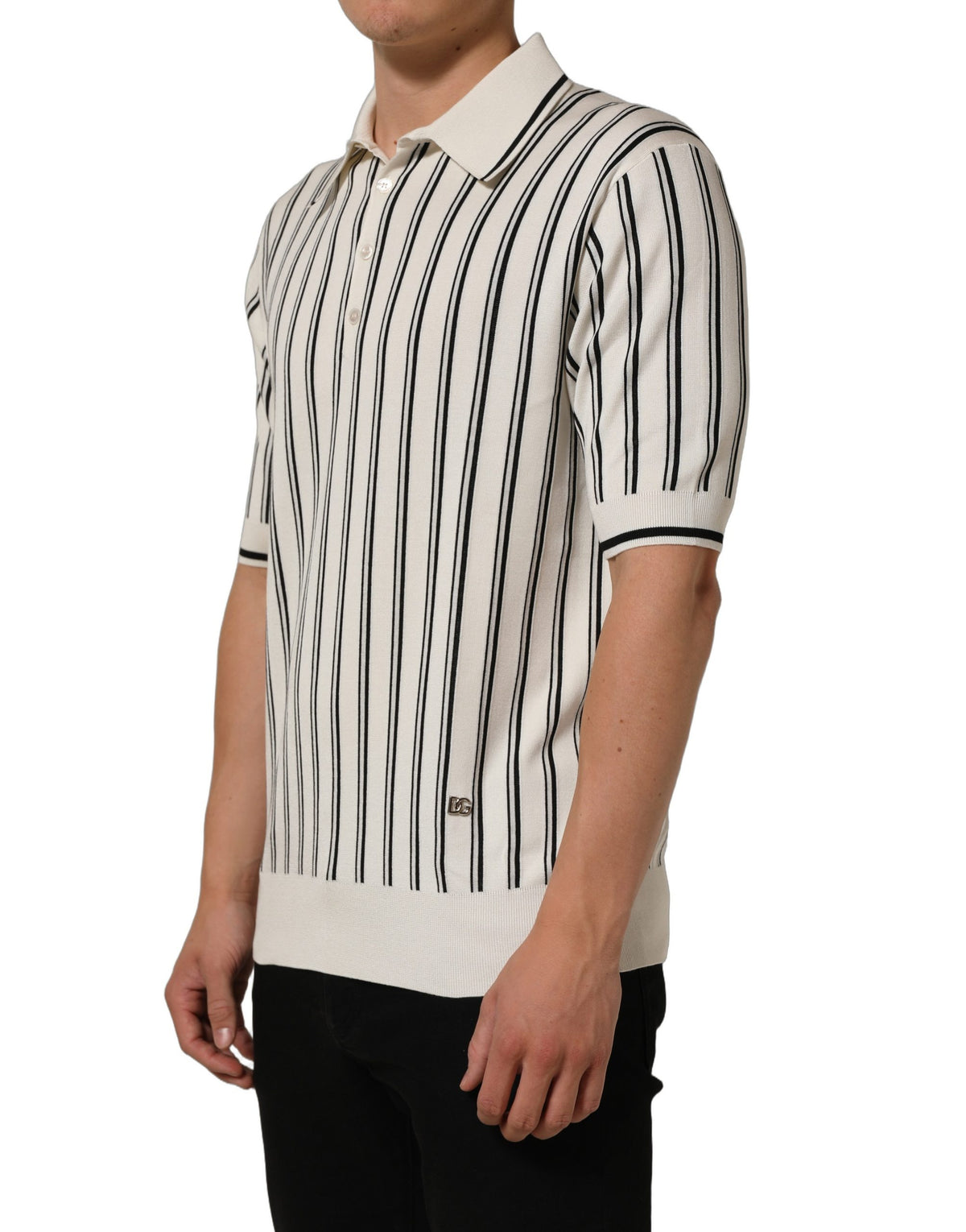 Dolce & Gabbana White Black Stripe Collared Polo Men's T-shirt