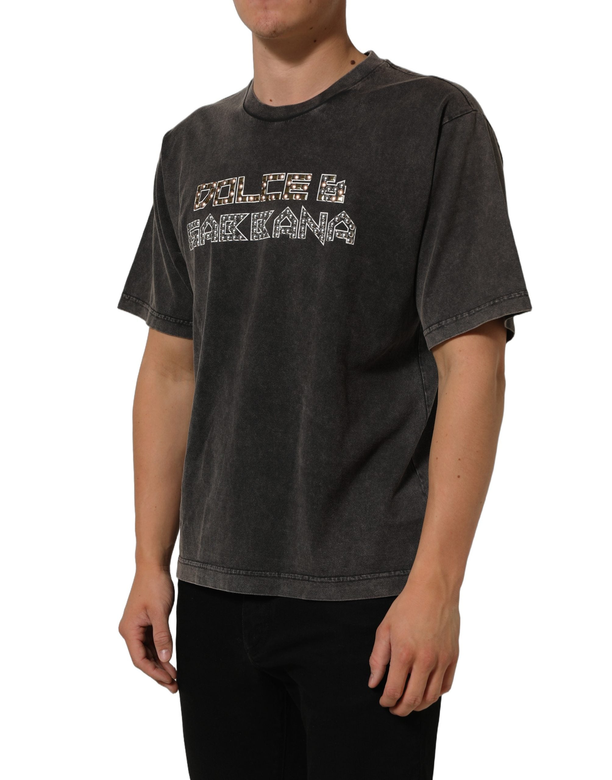 Dolce & Gabbana Gray Cotton Logo Stud Embellished Men's T-shirt (Pre-Owned)