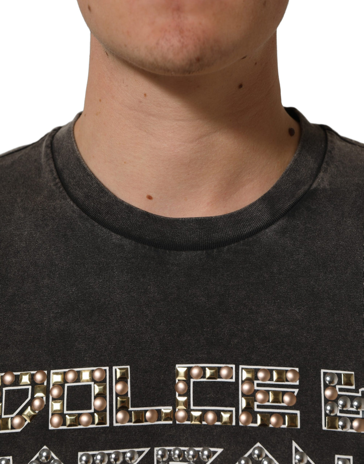 Dolce & Gabbana Gray Cotton Logo Stud Embellished Men's T-shirt (Pre-Owned)