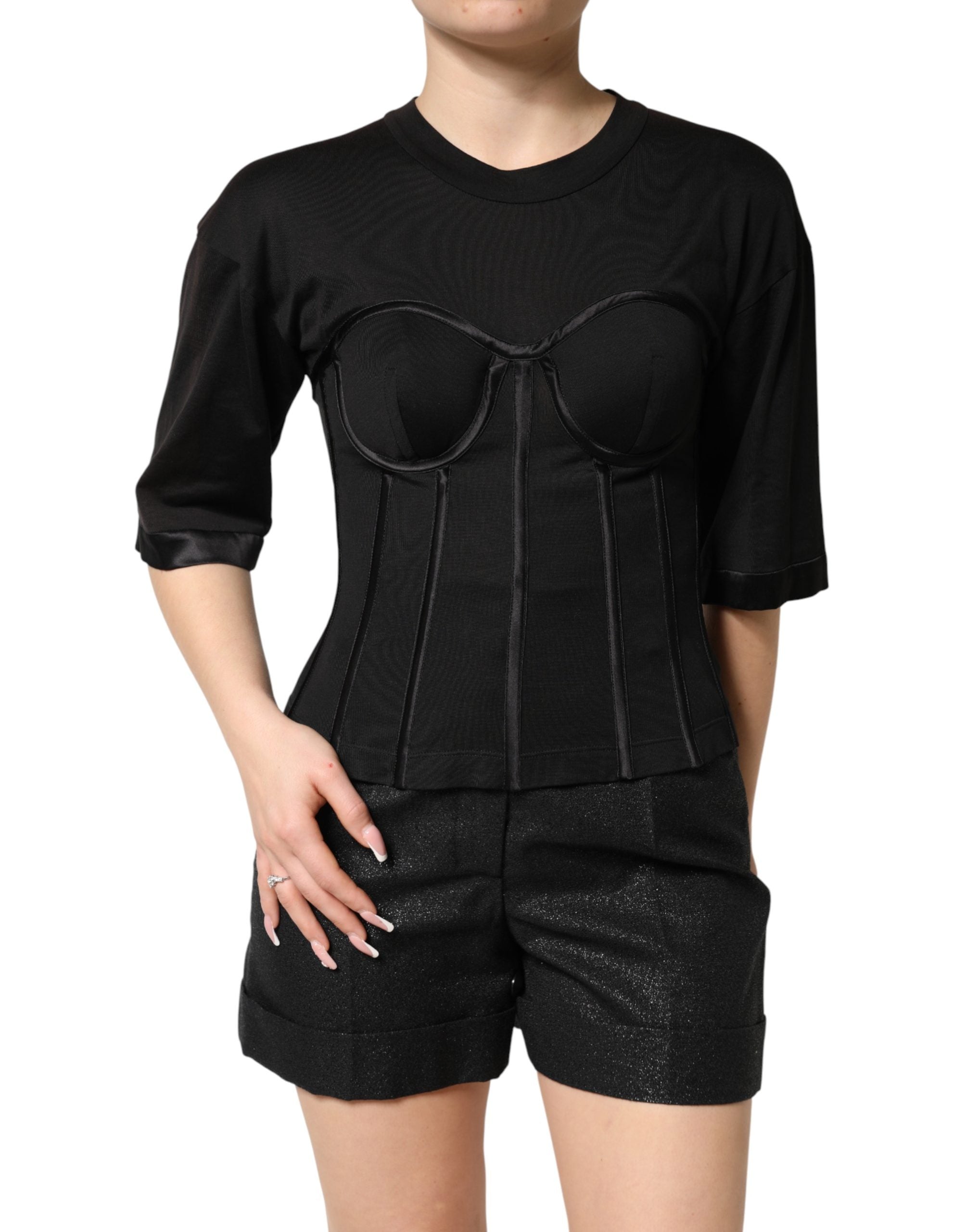 Dolce & Gabbana Black Cotton Short Sleeve Bustier T-shirt Women's Top (Pre-Owned)