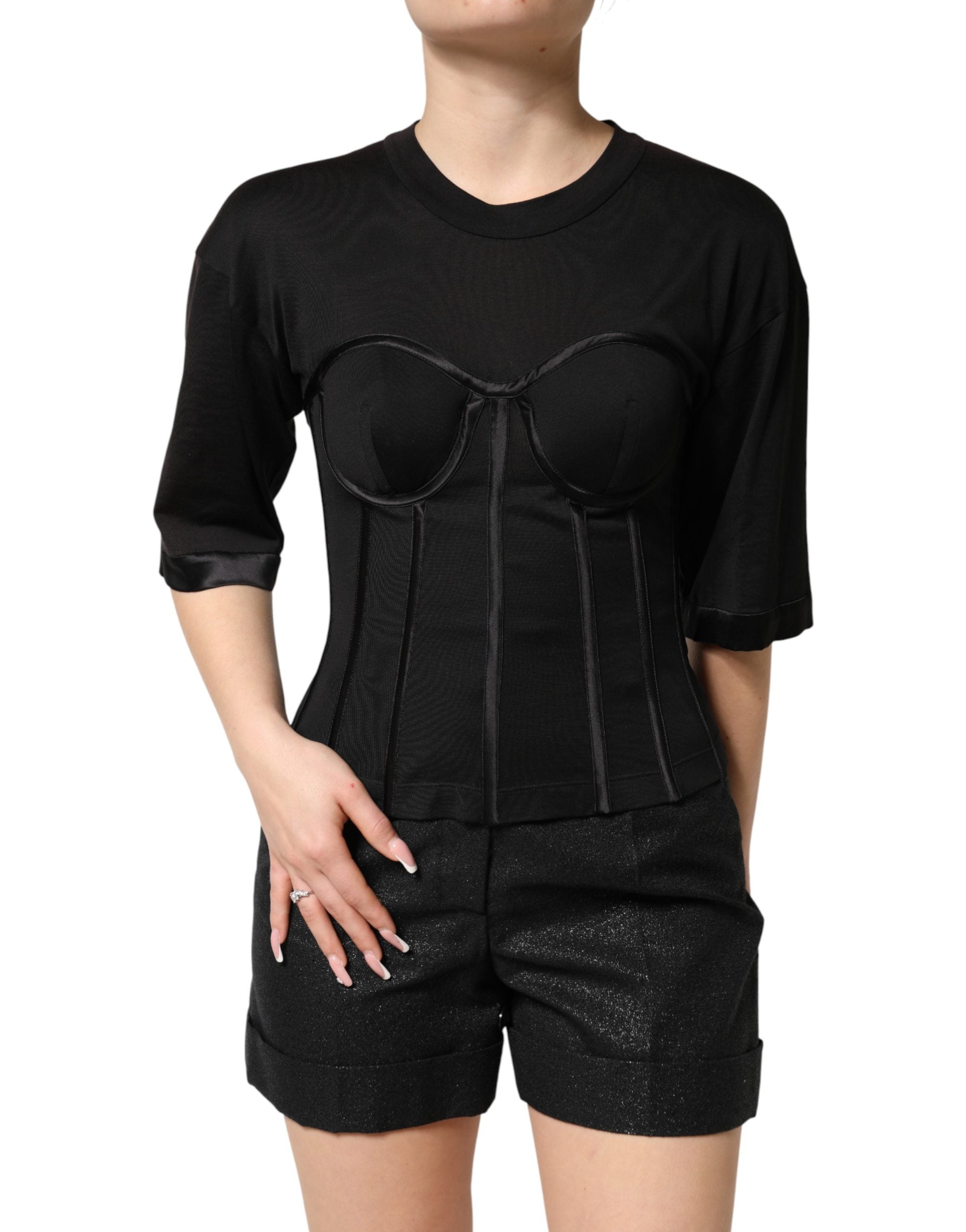 Dolce & Gabbana Black Cotton Short Sleeve Bustier T-shirt Women's Top (Pre-Owned)