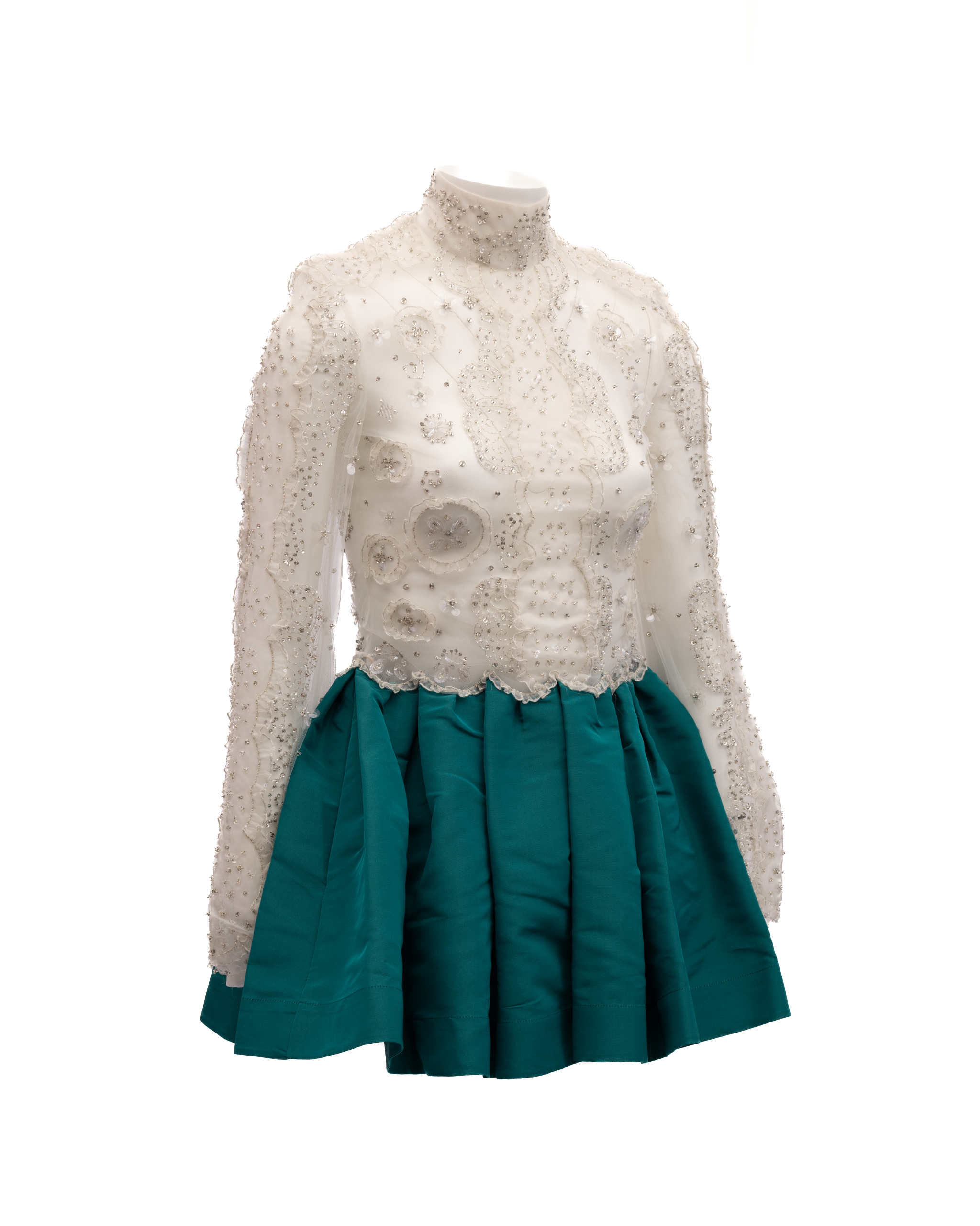 Valentino Garavani White Beaded Lace Mini Dress with Teal Women's Skirt
