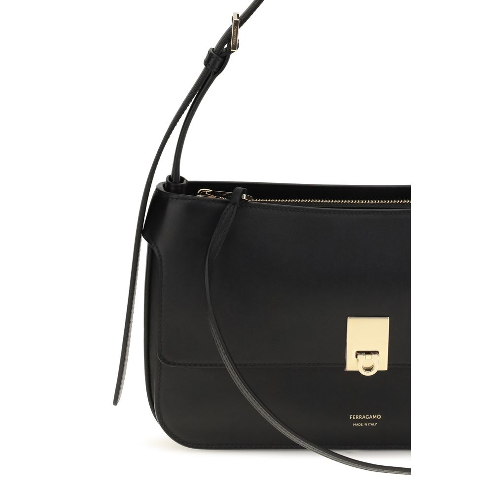 Ferragamo Black Calf Leather Bos Taurus Shoulder Women's Bag