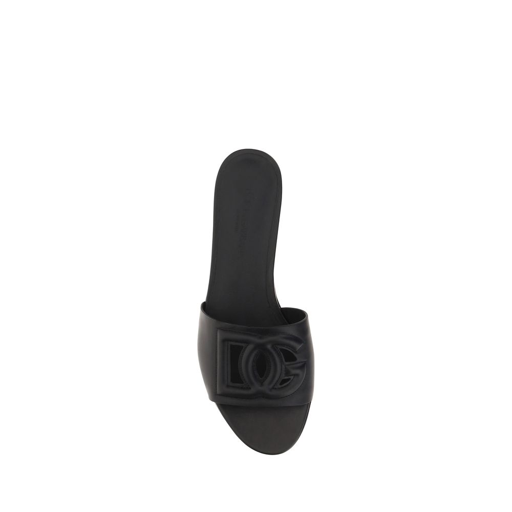 Dolce & Gabbana Black Calf Leather Bos Taurus Flat Women's Sandals