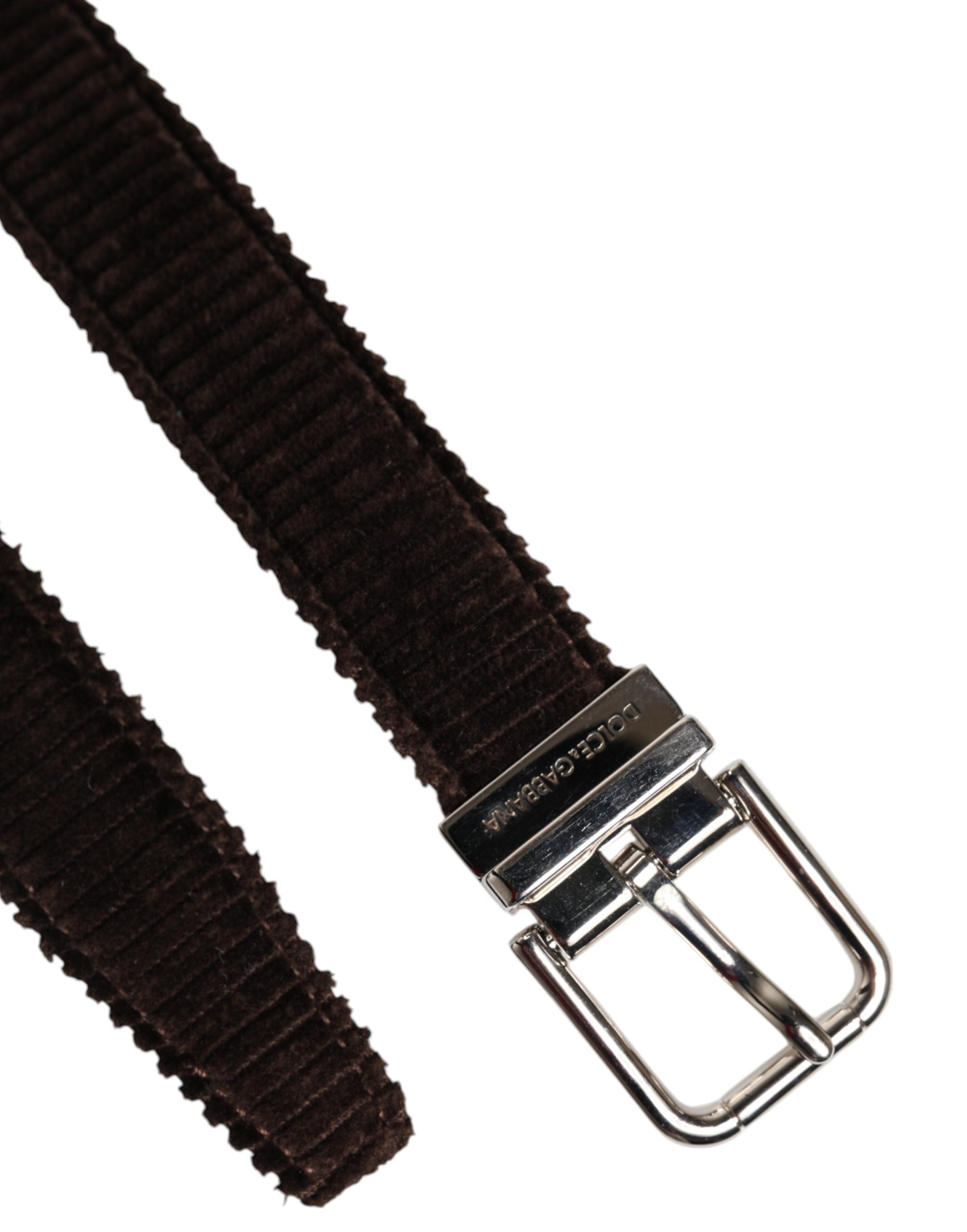 Dolce & Gabbana Men Brown Velvet Ridged Silver Buckle Men's Belt