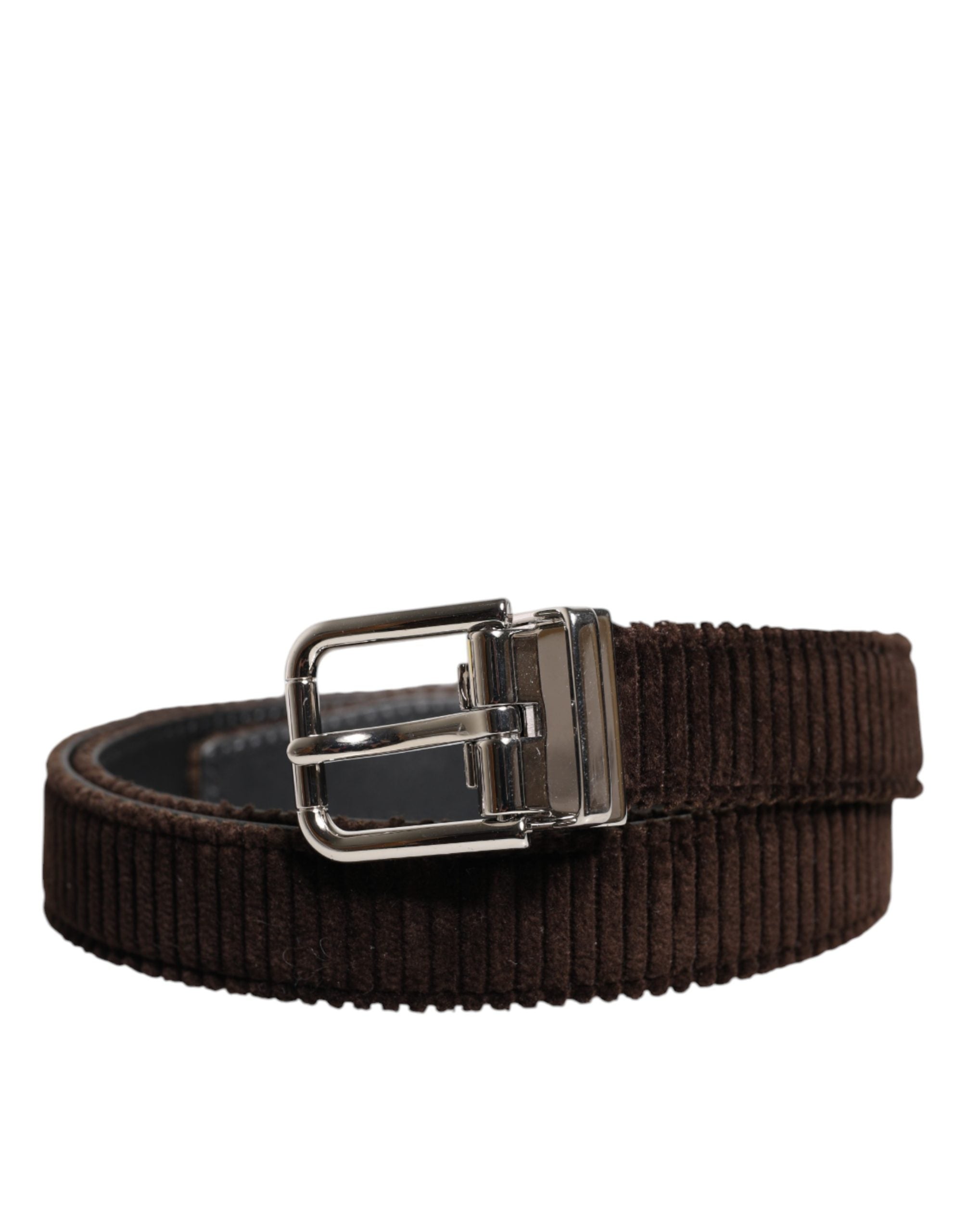 Dolce & Gabbana Men Brown Velvet Ridged Silver Buckle Men's Belt