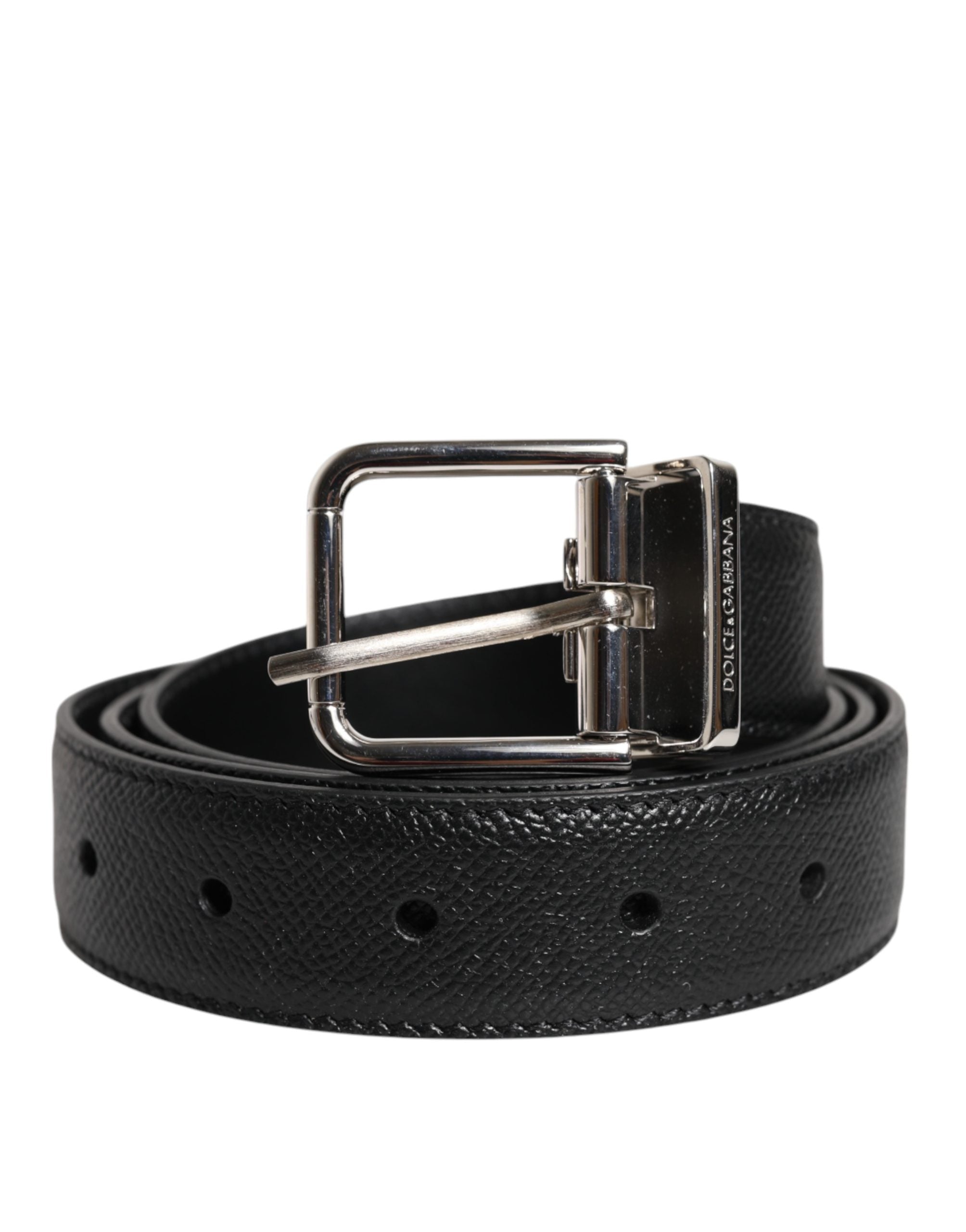 Dolce & Gabbana Black Calf Leather Classic Silver Buckle Men's Belt