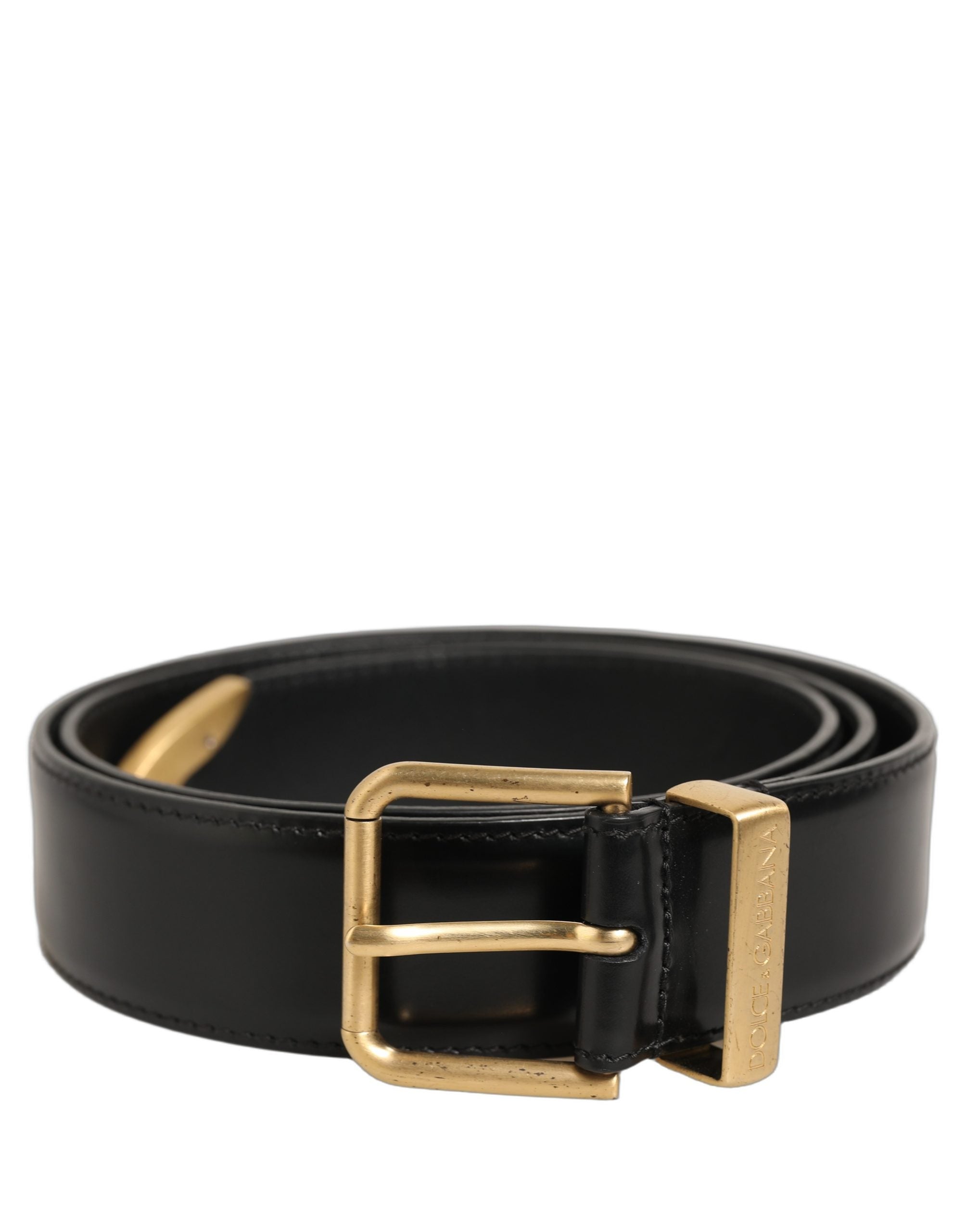 Dolce & Gabbana Black Leather Gold Logo Engraved Buckle Men's Belt (Pre-Owned)