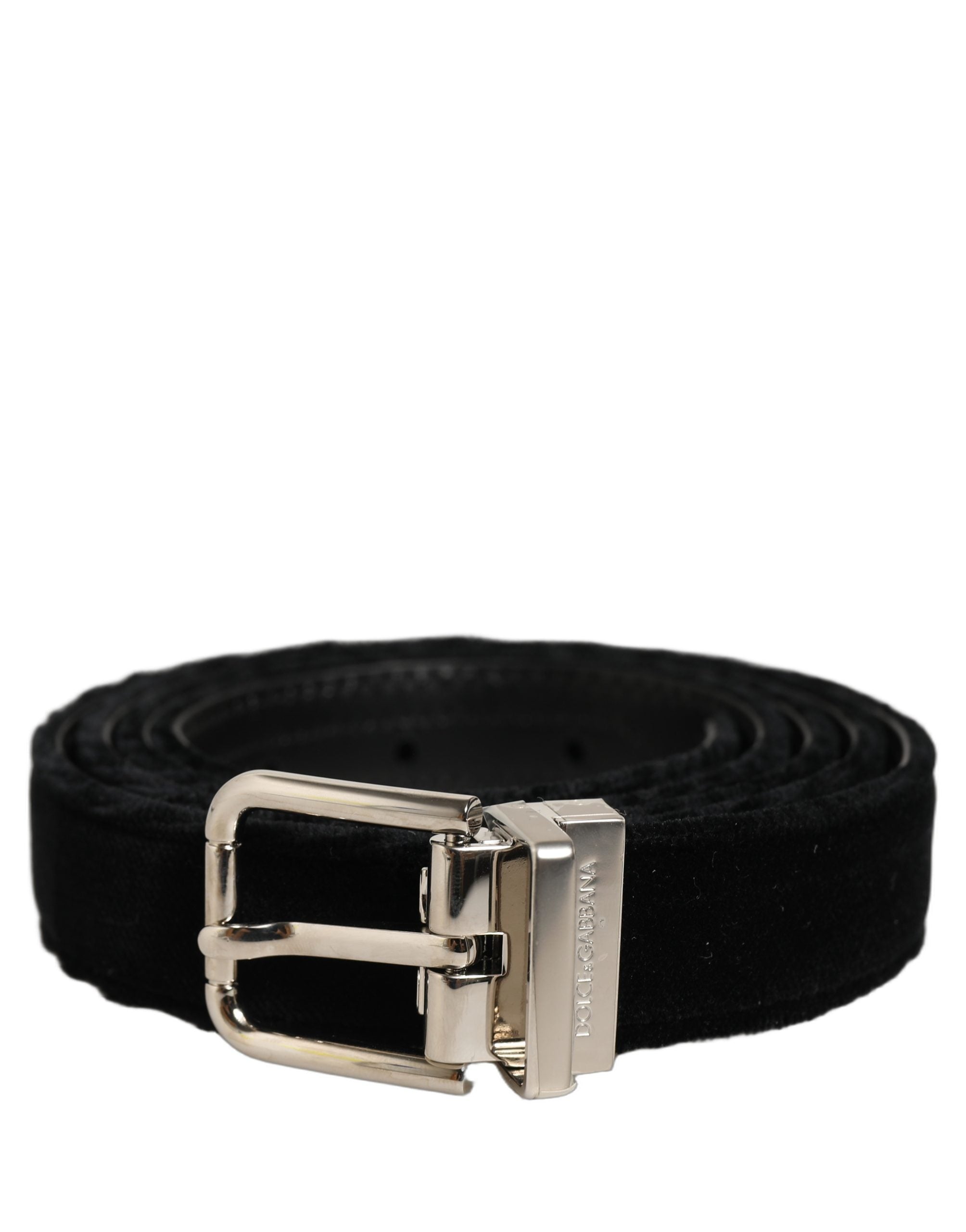 Dolce & Gabbana Black Velvet Silver Tone Metal Buckle Men's Belt