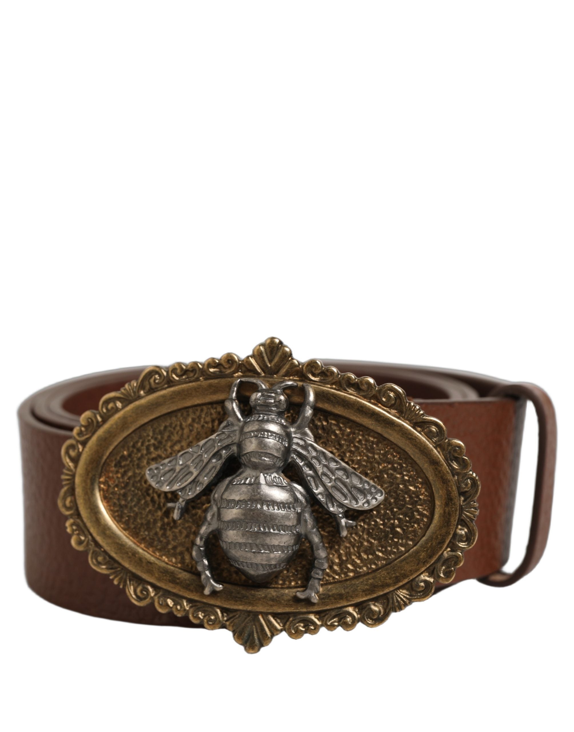 Dolce & Gabbana Brown Leather Bee Accent Metal Buckle Men's Belt