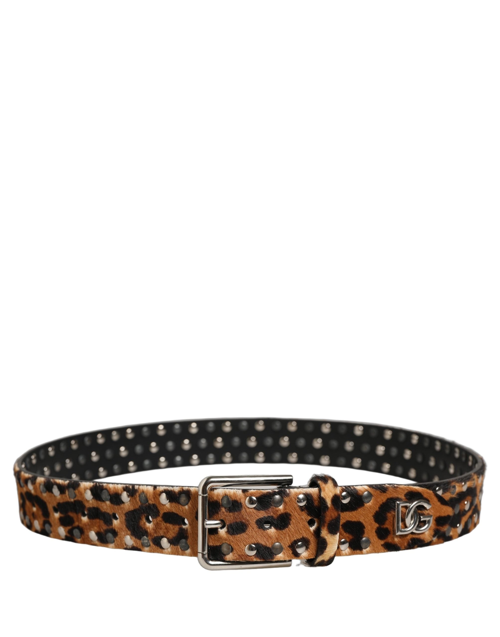 Dolce & Gabbana Brown Leopard Calf Hair Studs Metal Buckle Men's Belt