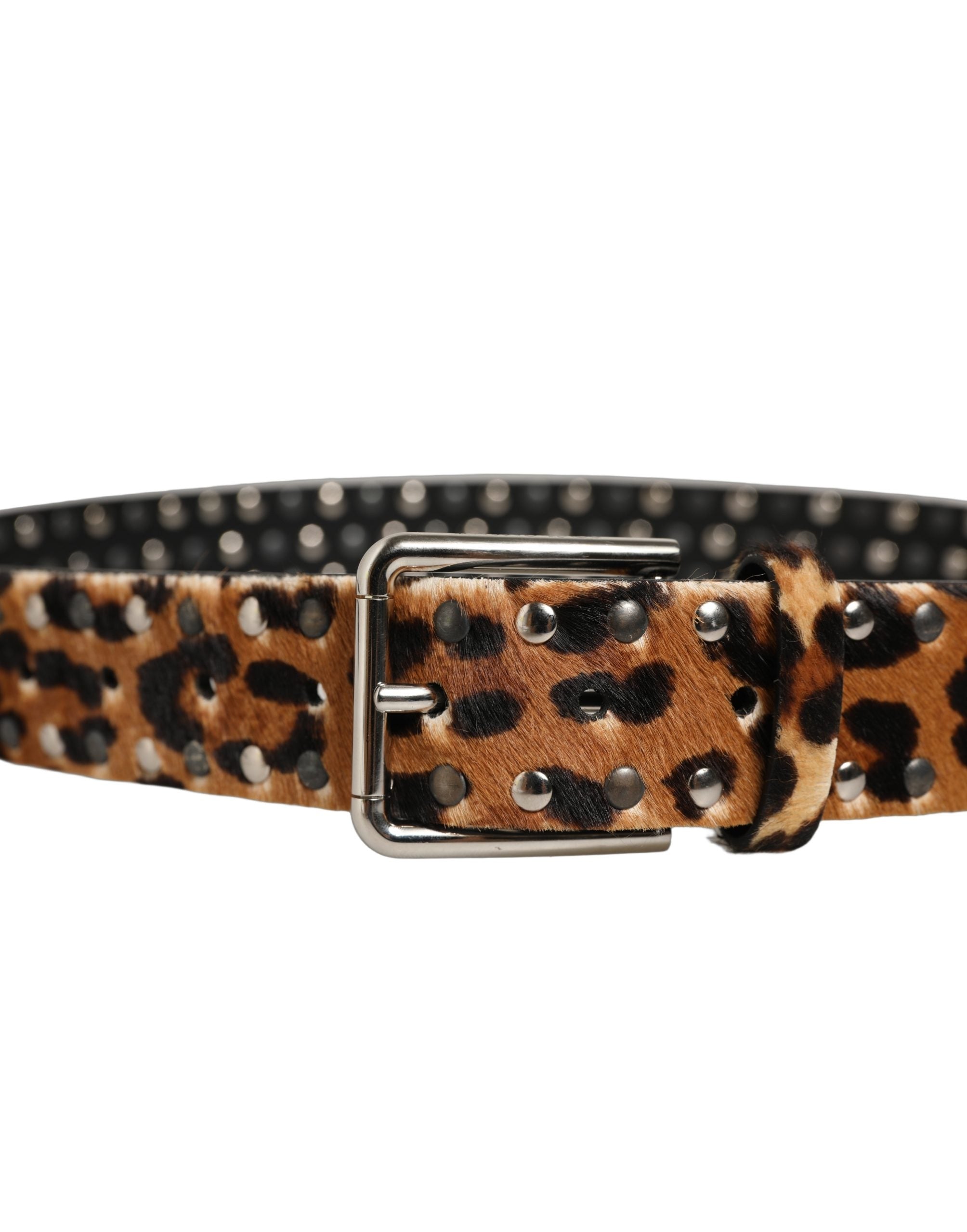 Dolce & Gabbana Brown Leopard Calf Hair Studs Metal Buckle Men's Belt