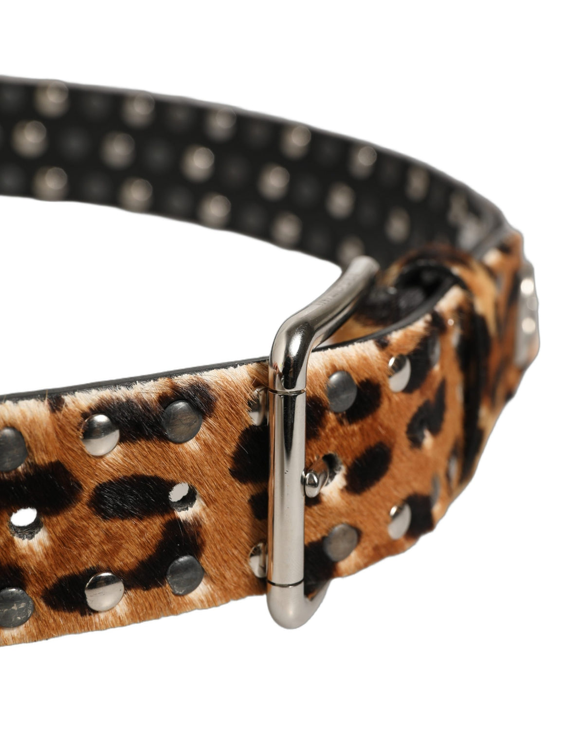 Dolce & Gabbana Brown Leopard Calf Hair Studs Metal Buckle Men's Belt