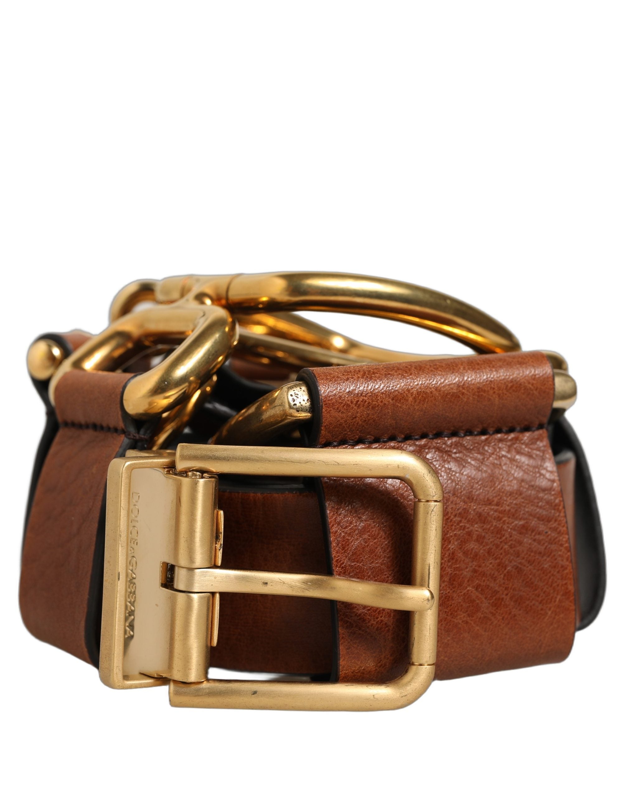 Dolce & Gabbana Brown Leather Gold Metal Rings Buckle Men's Belt