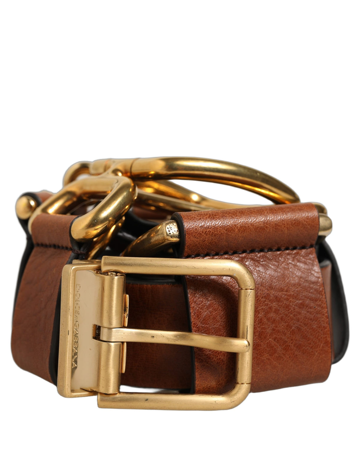 Dolce & Gabbana Brown Leather Gold Metal Rings Buckle Men's Belt