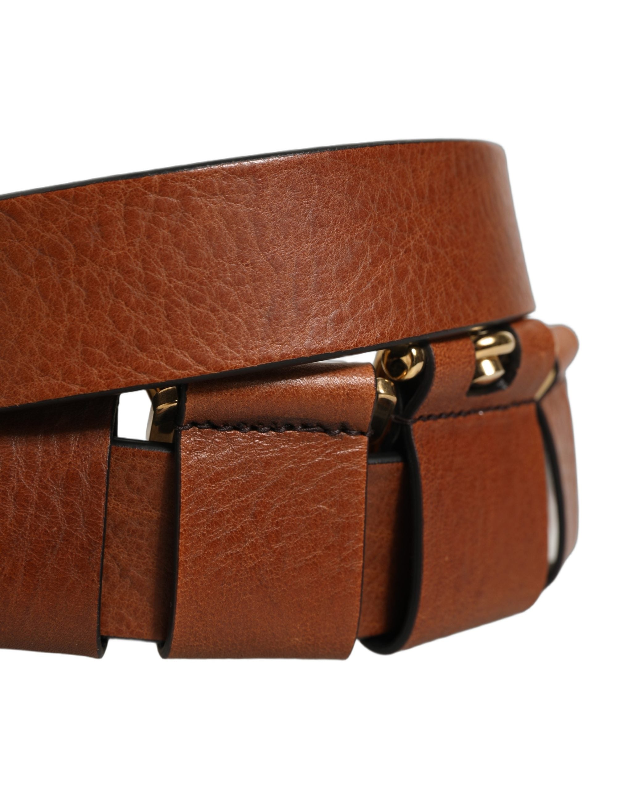 Dolce & Gabbana Brown Leather Gold Metal Rings Buckle Men's Belt