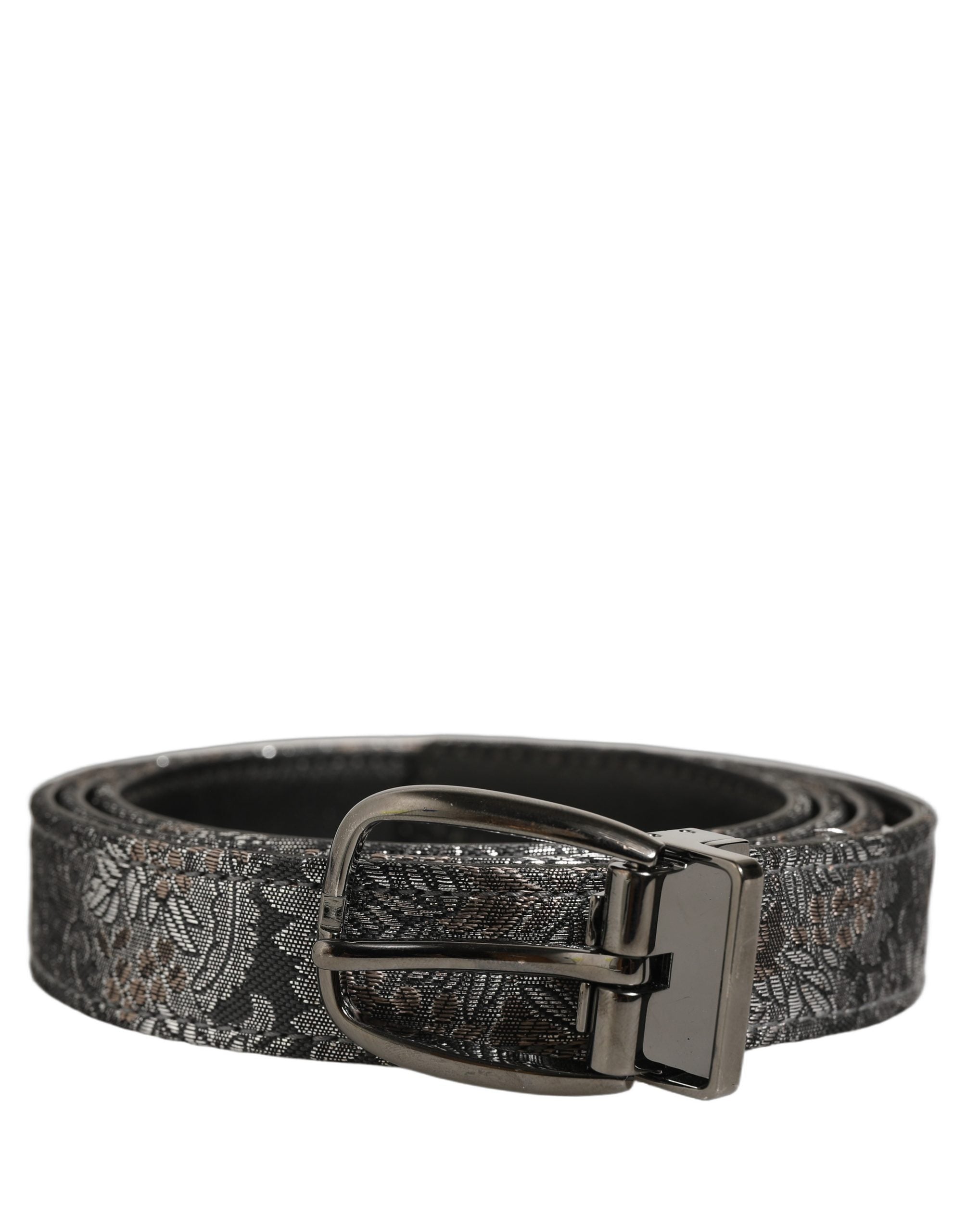 Dolce & Gabbana Silver Black Floral Jacquard Metal Buckle Men's Belt