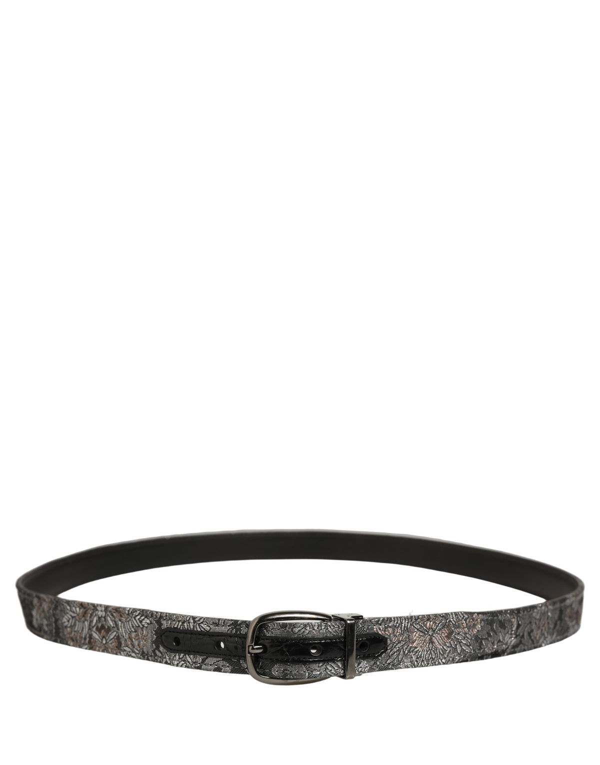 Dolce & Gabbana Silver Black Floral Jacquard Metal Buckle Men's Belt