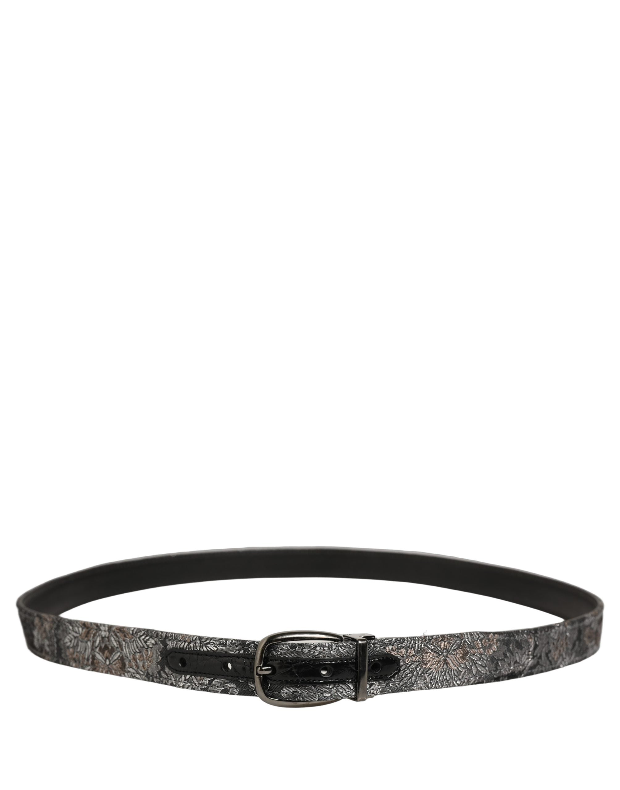 Dolce & Gabbana Silver Black Floral Jacquard Metal Buckle Men's Belt