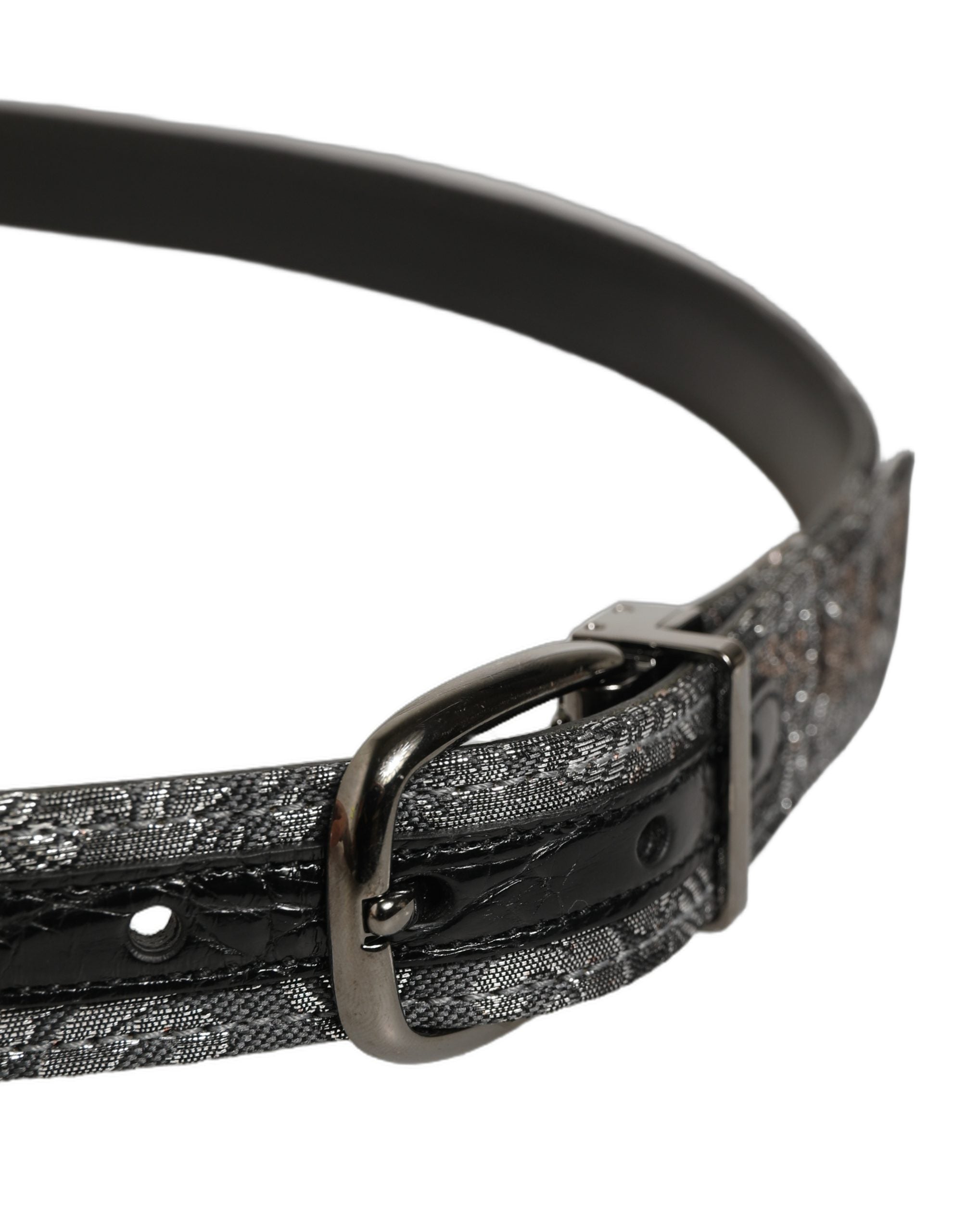 Dolce & Gabbana Silver Black Floral Jacquard Metal Buckle Men's Belt
