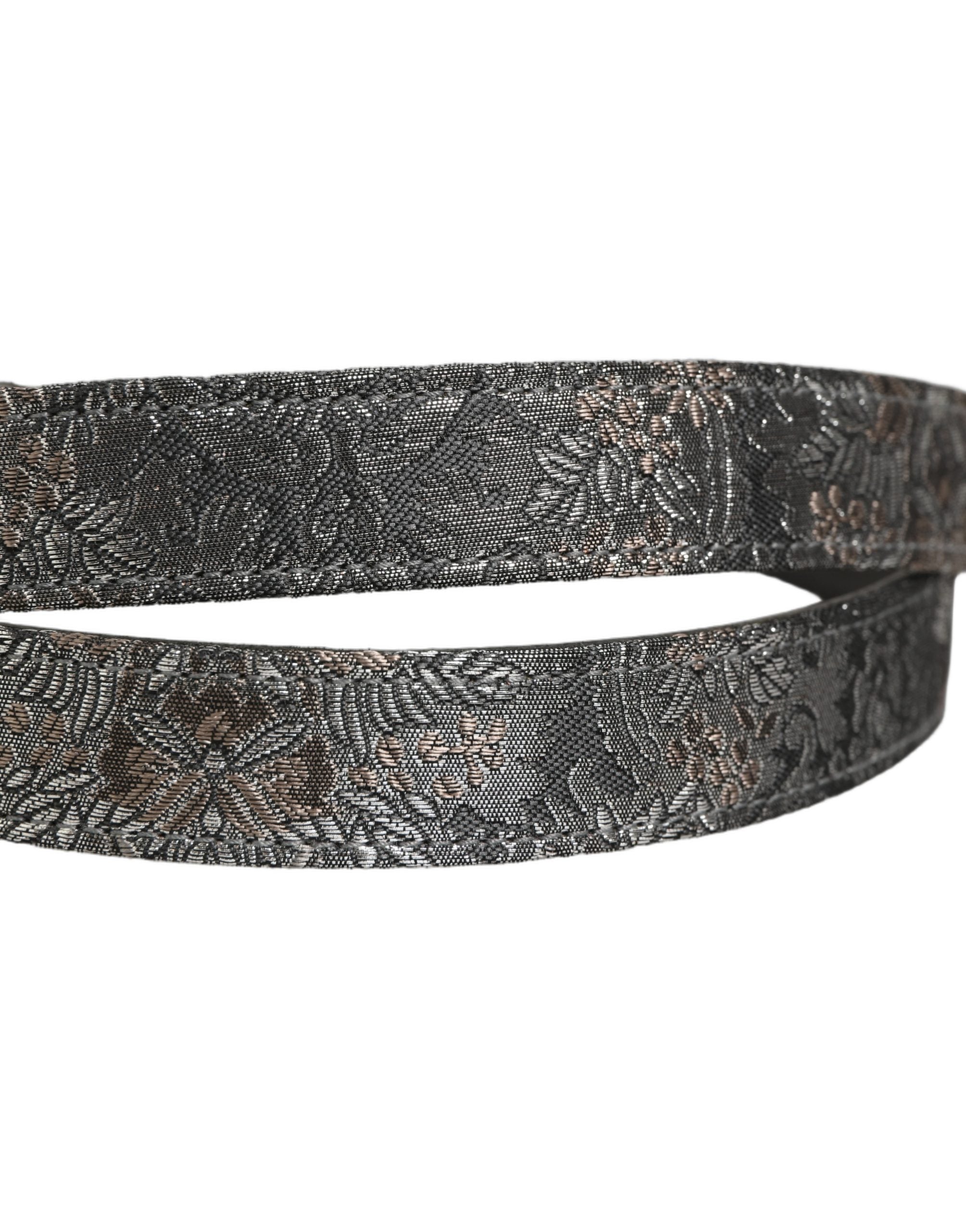 Dolce & Gabbana Silver Black Floral Jacquard Metal Buckle Men's Belt