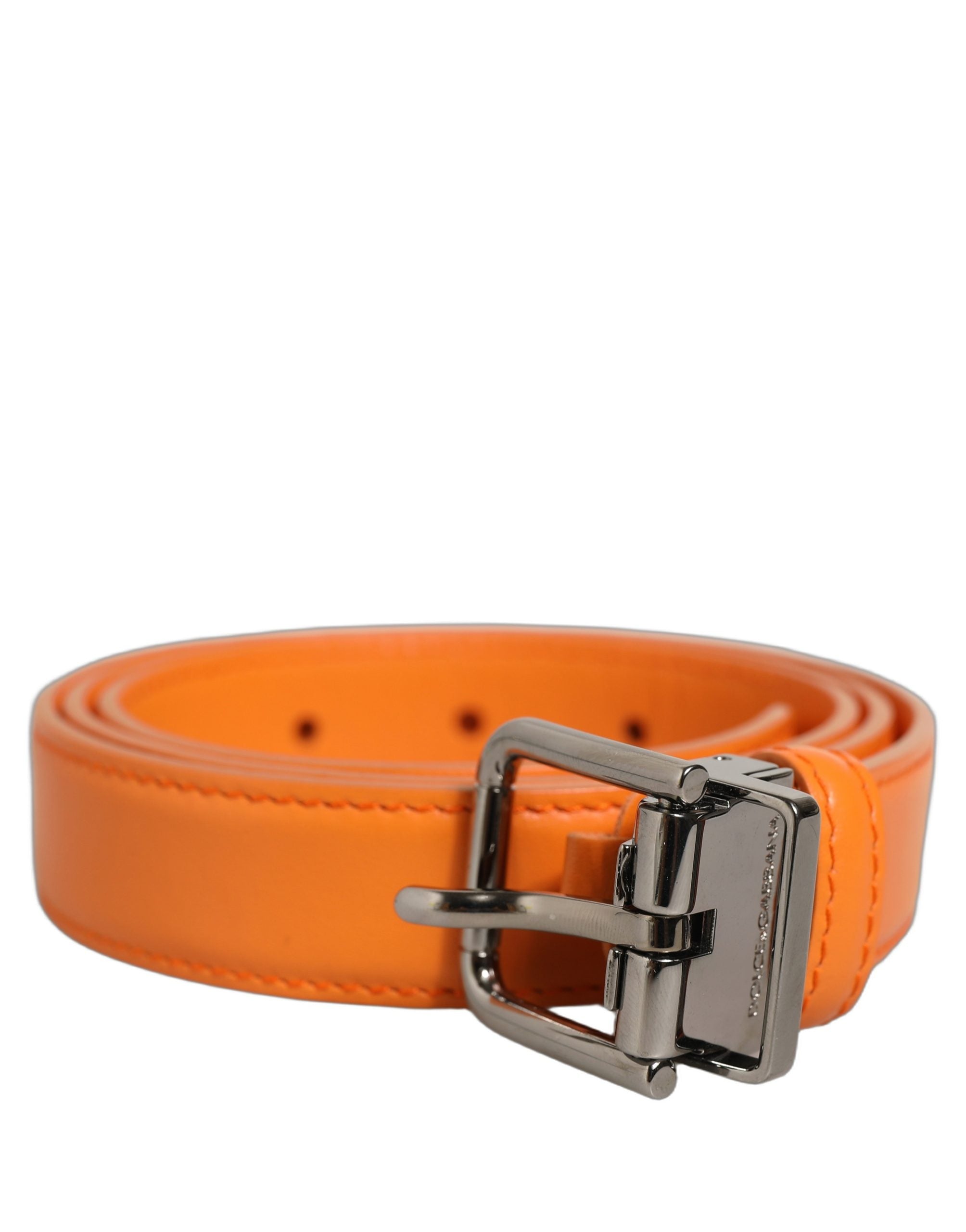 Dolce & Gabbana Orange Leather Silver Tone Metal Buckle Men's Belt