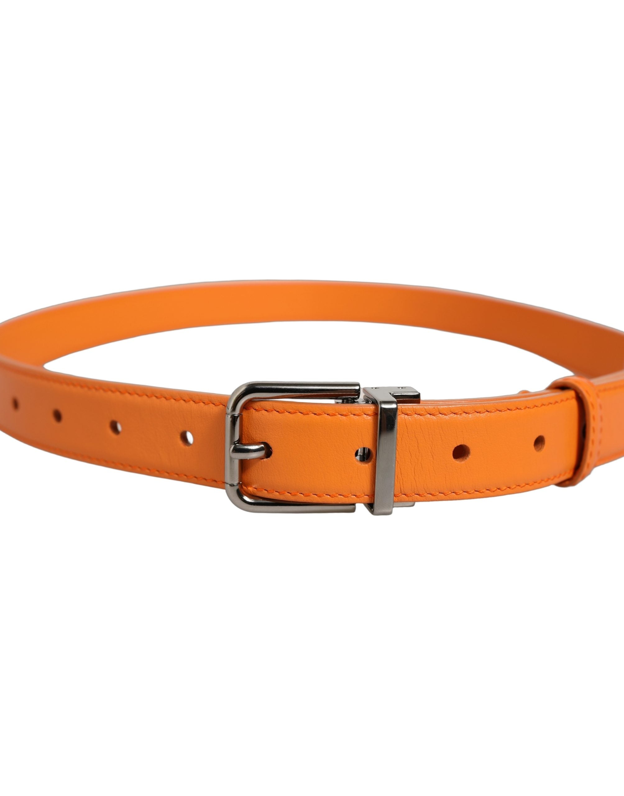 Dolce & Gabbana Orange Leather Silver Tone Metal Buckle Men's Belt