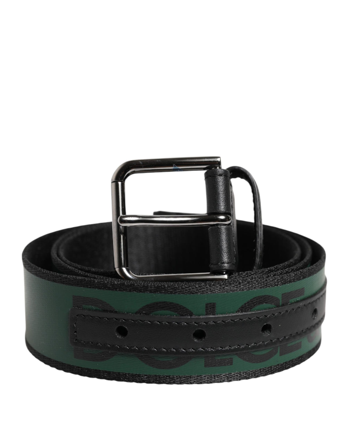Dolce & Gabbana Black Green Logo Silver Tone Metal Buckle Men's Belt (Pre-Owned)