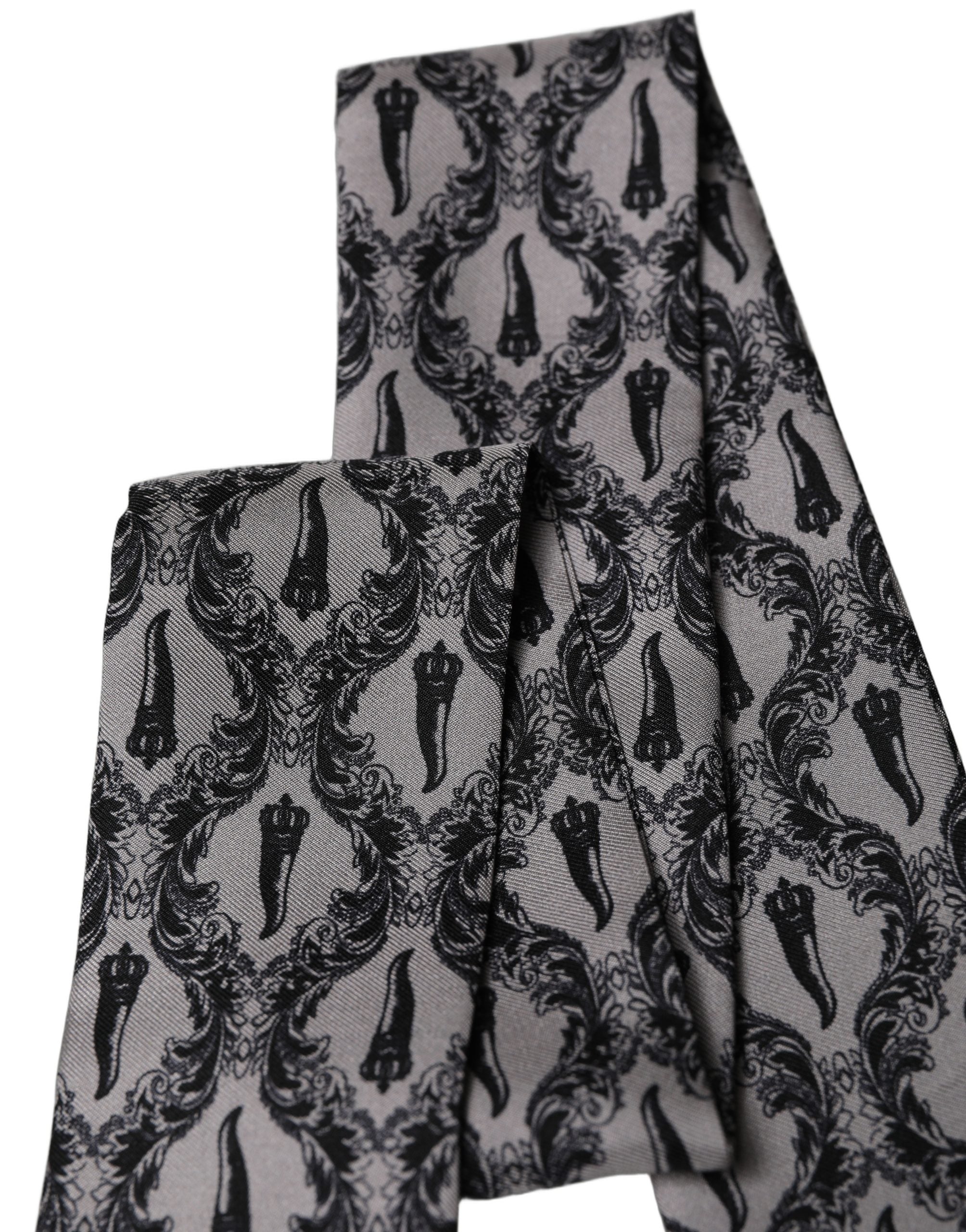 Dolce & Gabbana Gray Baroque Silk Fringed Skinny Foulard Men's Scarf