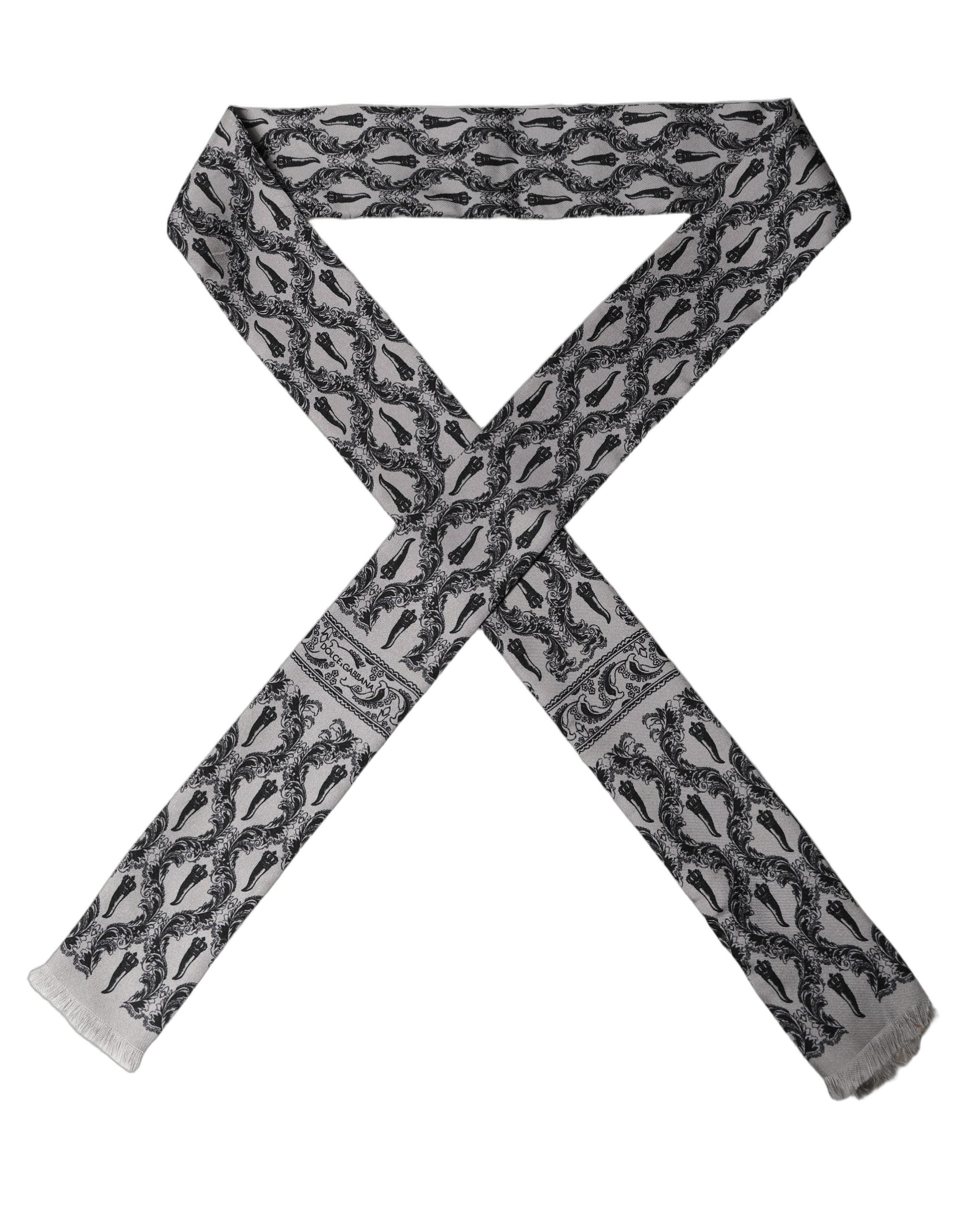 Dolce & Gabbana Gray Baroque Silk Fringed Skinny Foulard Men's Scarf